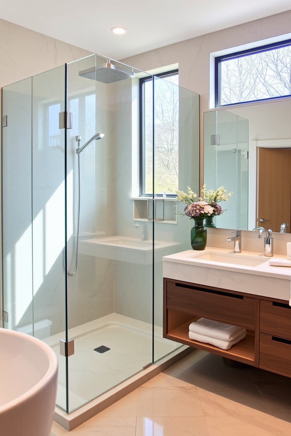 A frameless glass shower enclosure creates an elegant focal point in the bathroom. The sleek design enhances the spacious feel while allowing natural light to flow through the space. Incorporate a three-quarter bathroom layout that maximizes functionality and style. Consider adding a floating vanity with modern fixtures and a large mirror to create an inviting atmosphere.