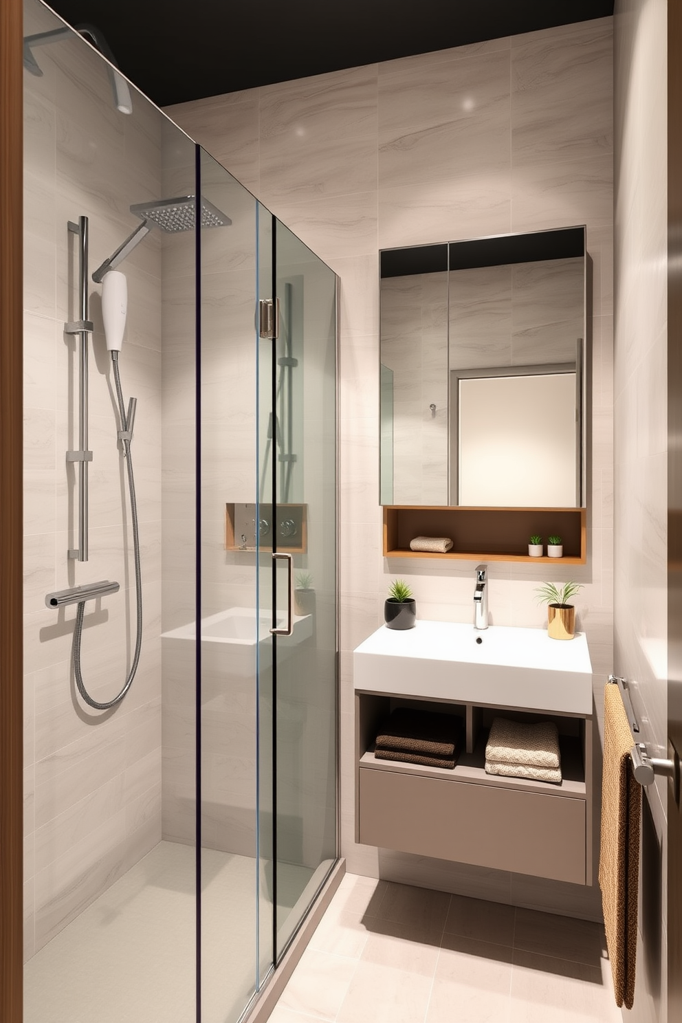 A compact three-quarter bathroom design features a sleek corner shower with glass doors and a modern rainfall showerhead. The space includes a wall-mounted vanity with integrated storage and a stylish sink, maximizing functionality without sacrificing aesthetics. The walls are adorned with light, neutral tiles that create an airy feel, while a large mirror above the vanity enhances the sense of space. Accents of natural wood and greenery add warmth and a touch of nature to the overall design.