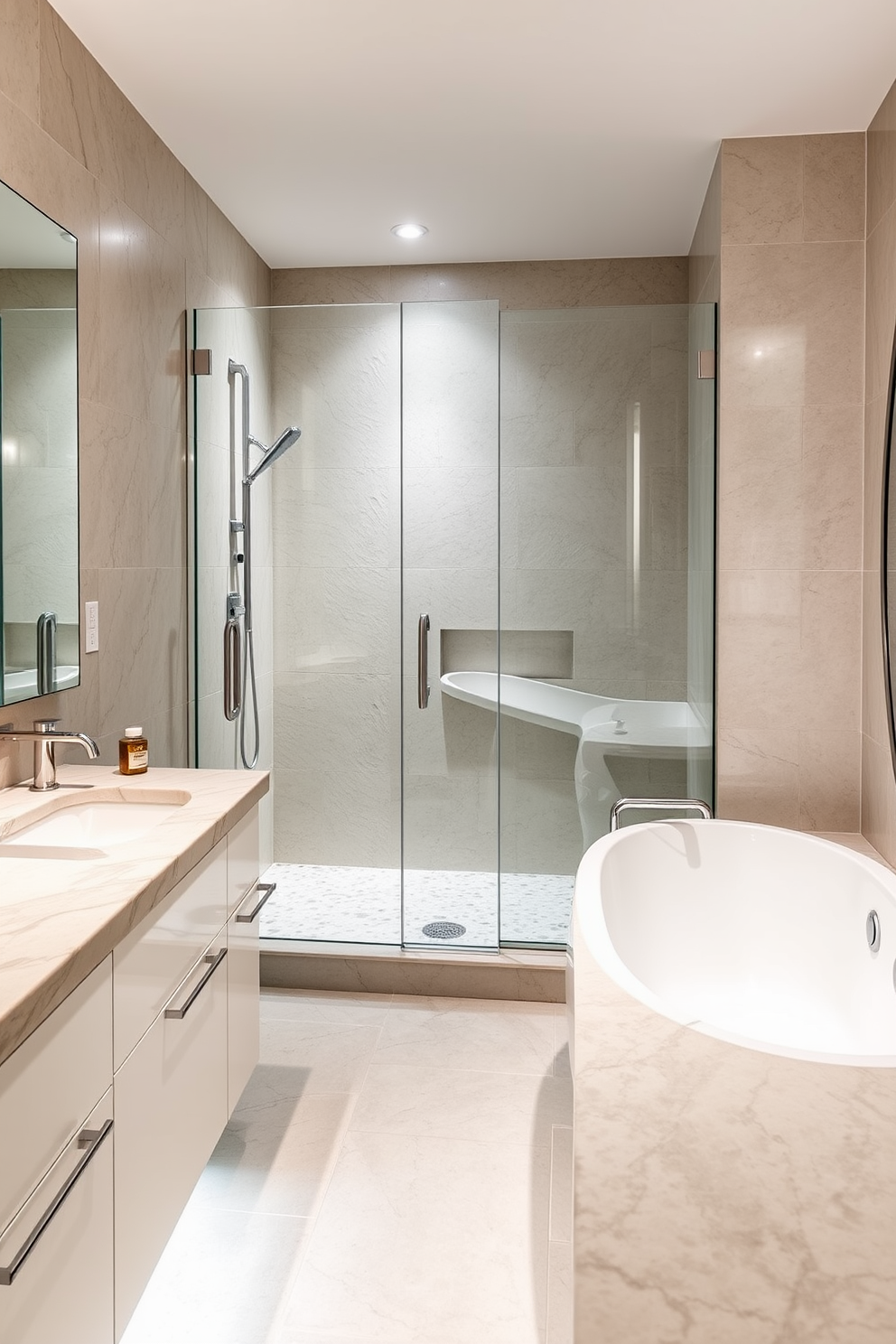 A luxurious three-quarter bathroom featuring natural stone countertops that exude elegance and sophistication. The space includes a sleek shower area with glass doors and polished chrome fixtures, complemented by soft ambient lighting. The walls are adorned with textured tiles in a neutral palette, enhancing the overall serene atmosphere. A freestanding bathtub sits gracefully in the corner, accompanied by stylish accessories that elevate the design.