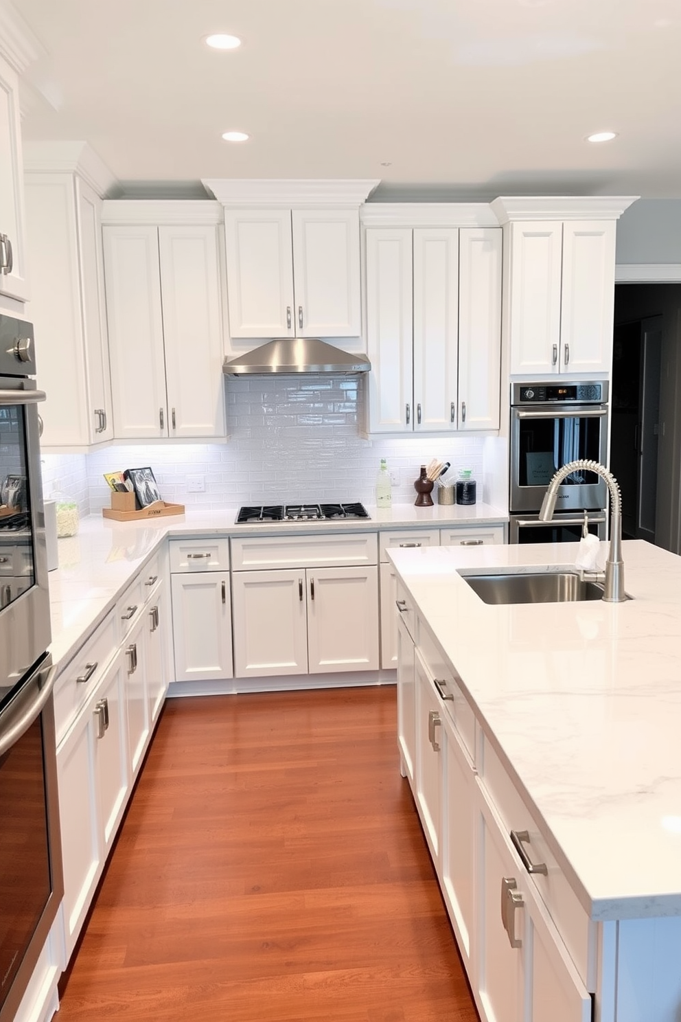 Classic white shaker cabinets for elegance. The kitchen features a spacious layout with a large island topped with a stunning quartz countertop. Subway tiles in a glossy finish adorn the backsplash, reflecting light and enhancing the bright atmosphere. Stainless steel appliances seamlessly integrate into the design, providing a modern touch to the timeless aesthetic.