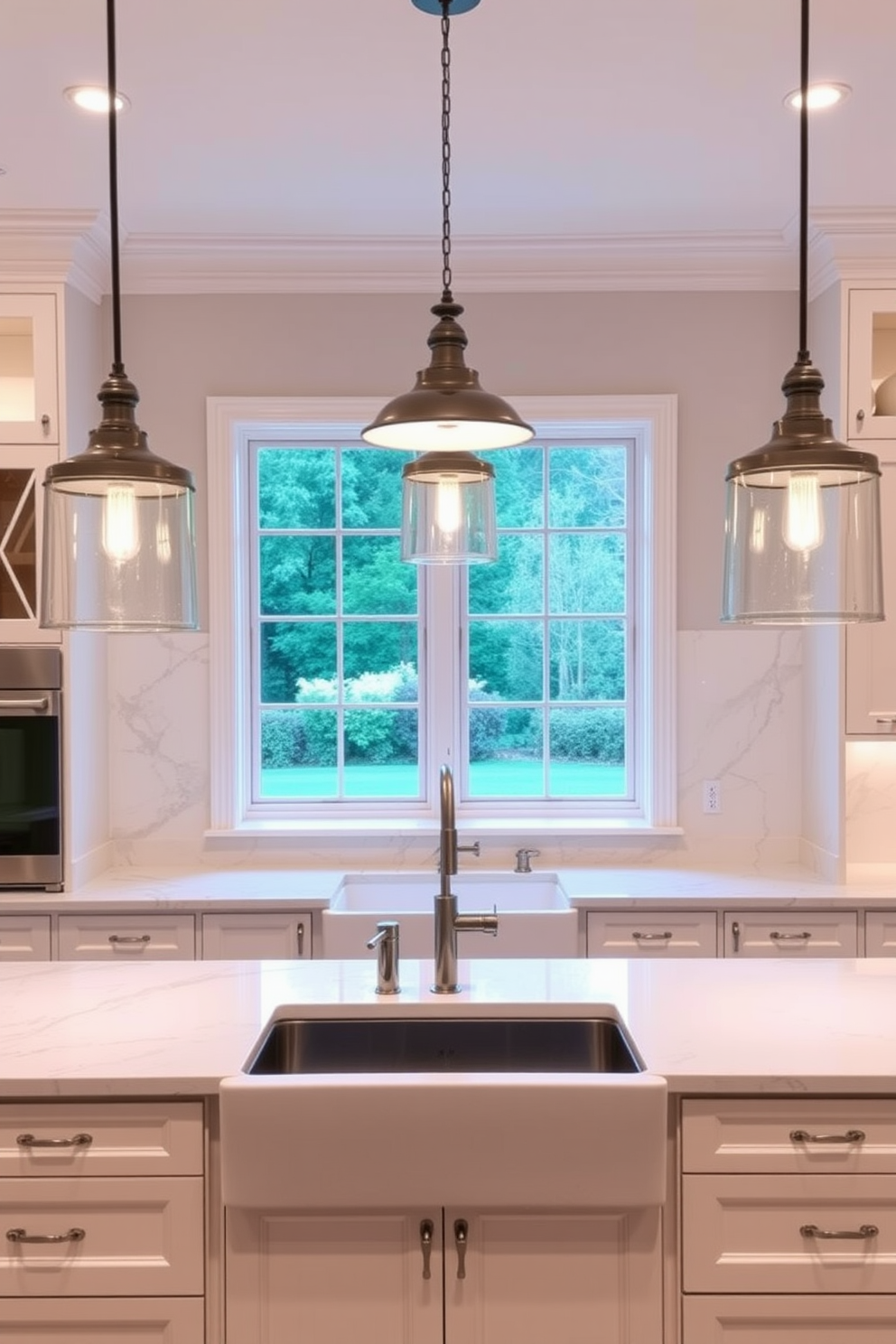 A stunning kitchen with pendant lighting as the focal point. The pendant lights hang gracefully above a large island, illuminating the space with a warm glow. The cabinetry features a classic white finish, complemented by a marble backsplash that adds elegance. A spacious farmhouse sink sits beneath a window, providing a view of the outdoors.