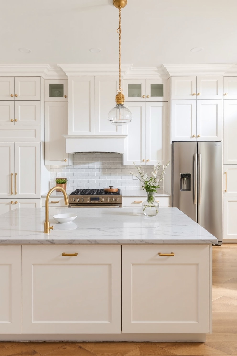 A timeless kitchen design features hardwood flooring that creates a classic foundation. The space includes elegant cabinetry with a soft white finish and brushed nickel hardware for a refined look.