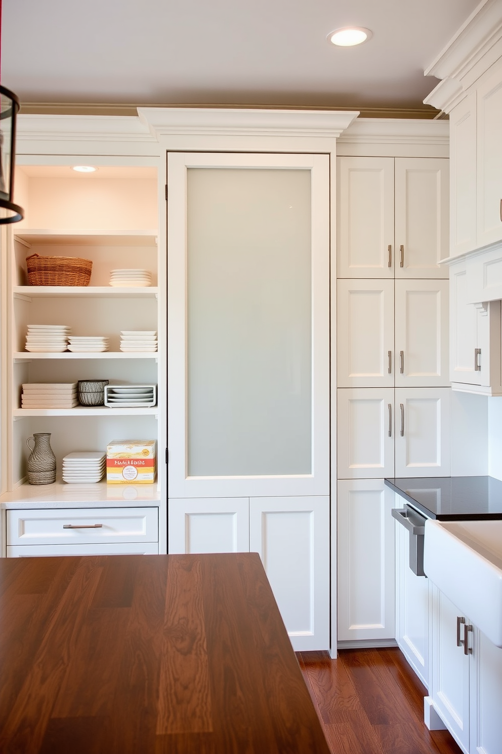 A timeless kitchen design featuring elegant brass fixtures that add a touch of glamour. The cabinetry is a soft white with intricate moldings, complemented by a large island topped with a rich walnut countertop. Above the island, stylish pendant lights with brass accents illuminate the space. The backsplash is a classic subway tile in a glossy finish, providing a clean and sophisticated backdrop.