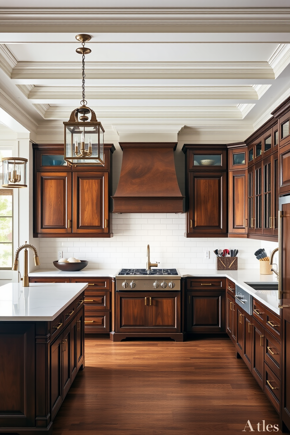 A timeless kitchen design featuring elegant crown molding that enhances the sophistication of the space. The cabinetry is a rich, deep wood finish with polished brass hardware, complemented by a large island with a white marble countertop. The backsplash consists of classic subway tiles in a soft cream color, creating a clean and inviting atmosphere. Pendant lights with vintage-inspired designs hang above the island, providing both function and style.