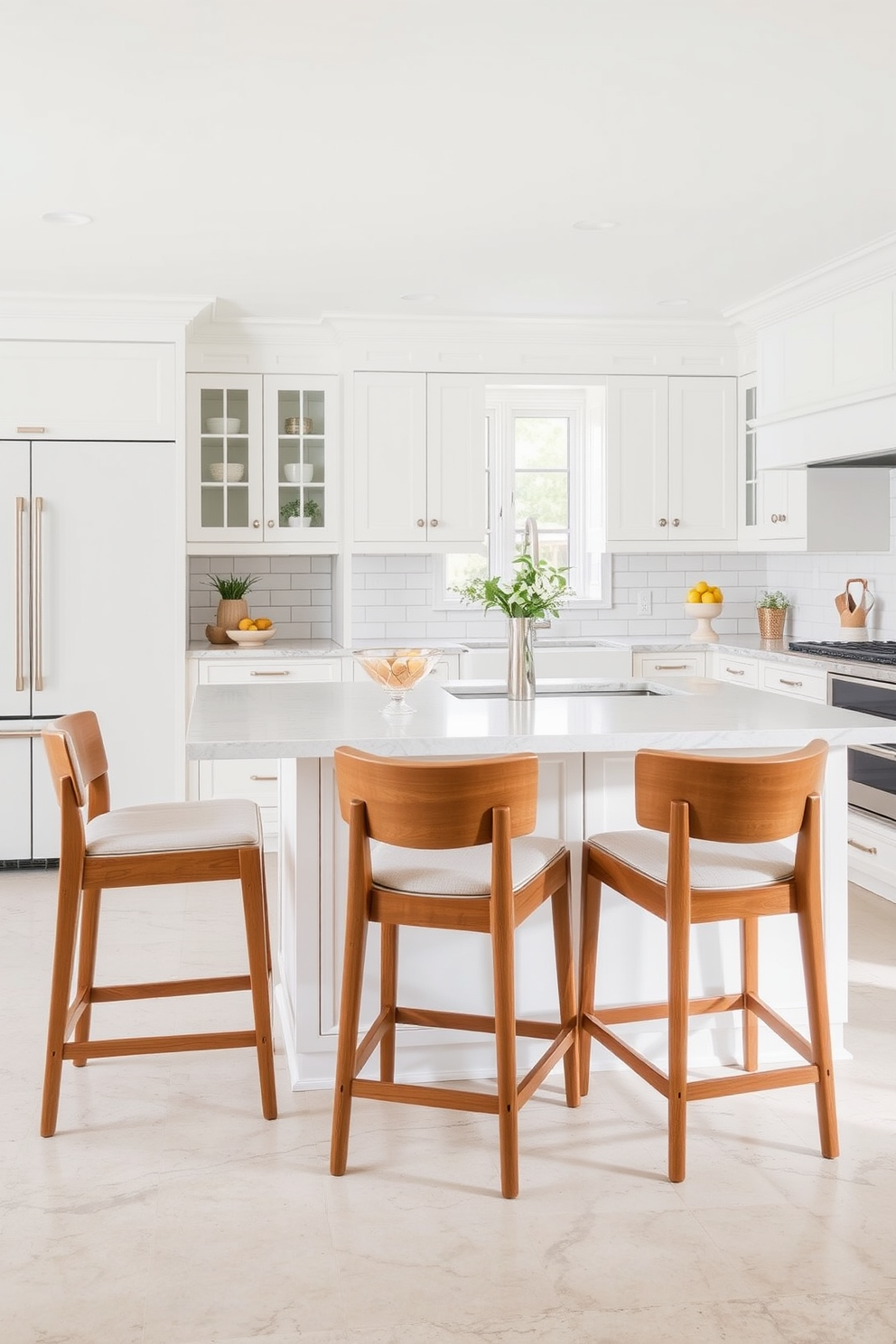 Classic bar stools for seating versatility. These stools feature a sleek wooden frame with a soft upholstered seat in a neutral fabric, perfectly complementing a modern kitchen island. Timeless kitchen design ideas include a spacious layout with white cabinetry and a large farmhouse sink. The countertops are made of natural stone, and the backsplash showcases elegant subway tiles in a soft hue.