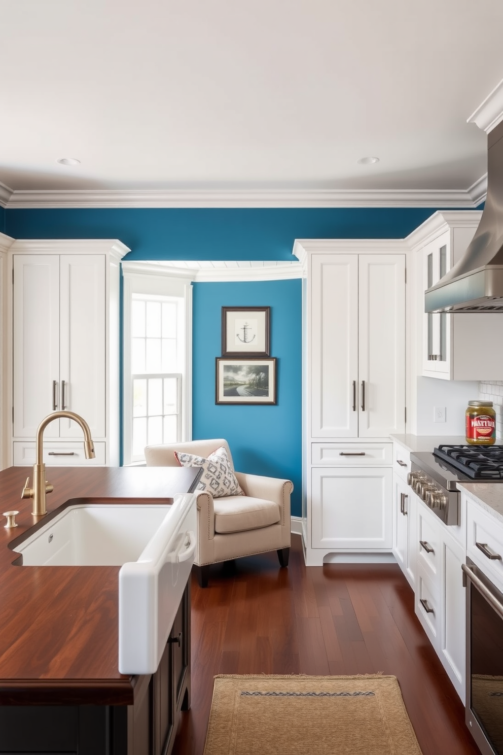 Colorful accent walls for personality. A vibrant blue wall serves as a backdrop for a cozy reading nook with a plush armchair and a small bookshelf. Timeless Kitchen Design Ideas. The kitchen features classic white cabinetry paired with a large farmhouse sink and a spacious island topped with rich dark wood.