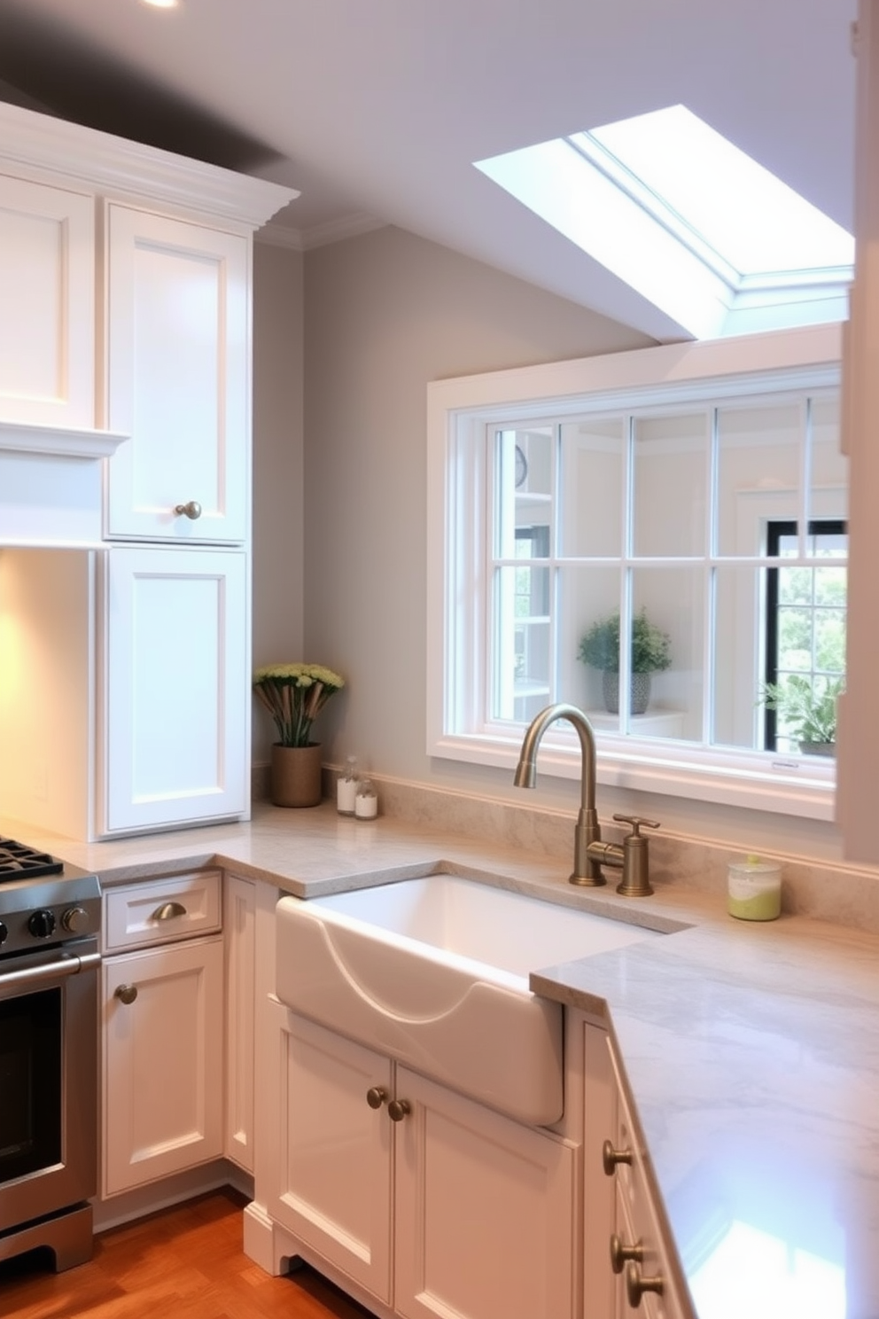 A warm and inviting kitchen with under-cabinet lighting that creates a soft glow. The cabinetry is a classic white with brushed brass hardware, complementing the warm wood tones of the flooring. The countertops are a rich marble with subtle veining that adds elegance. A large farmhouse sink is centered beneath a window, allowing natural light to enhance the space.