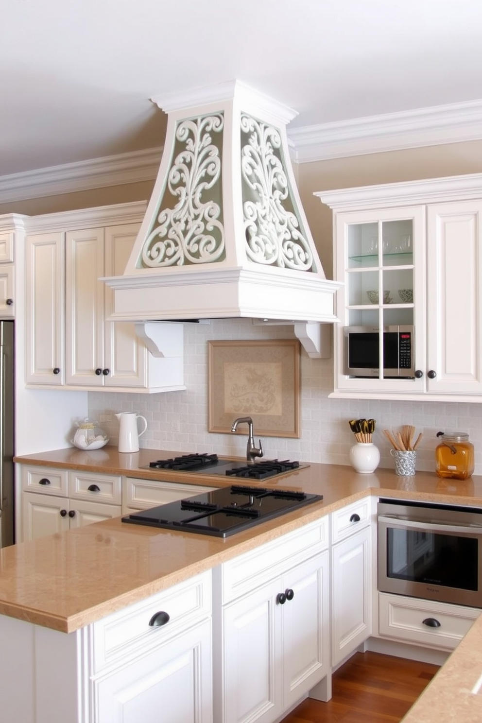 A traditional dining table is set for a family gathering. The table is made of dark wood and is surrounded by upholstered chairs in a rich fabric, with a centerpiece of fresh flowers and candles. Timeless kitchen design features a large island with a butcher block countertop. The cabinetry is painted in a soft white, complemented by brass hardware and classic subway tile backsplash.