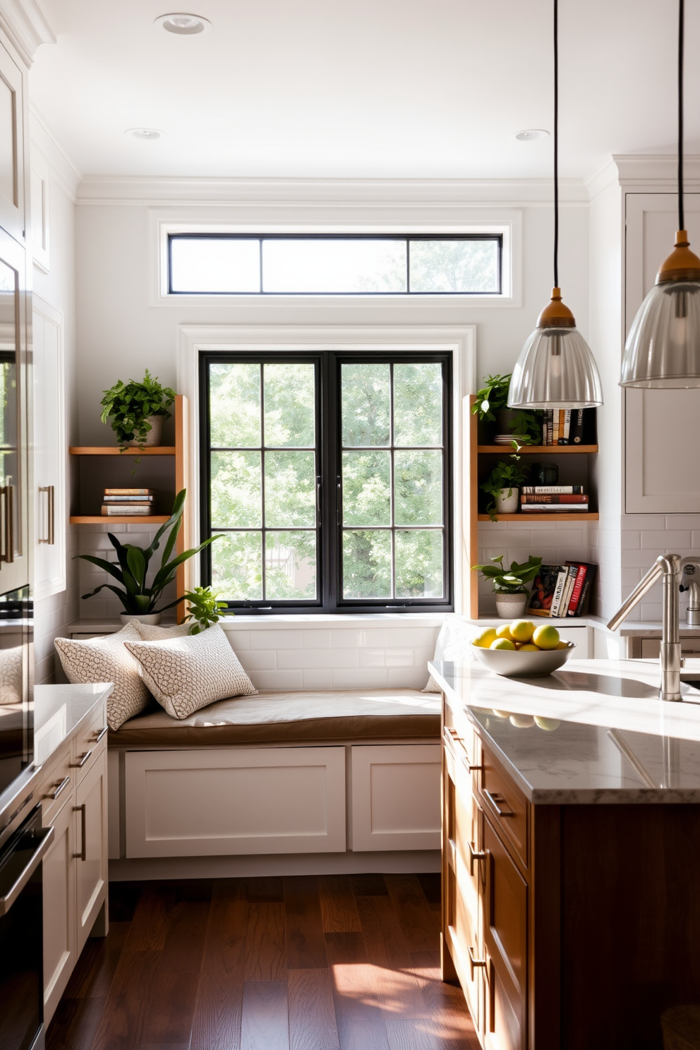 A charming window seat with plush cushions invites you to enjoy meals while basking in natural light. Surrounding the seat are elegant wooden shelves filled with plants and books, creating a warm and inviting atmosphere. A timeless kitchen features sleek cabinetry in a soft white finish paired with a classic subway tile backsplash. An oversized island with a marble countertop serves as the centerpiece, complemented by stylish pendant lights hanging above.