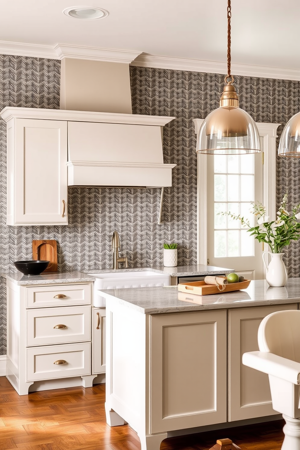 Classic pantry doors for functional elegance. The doors feature intricate woodwork with a rich, dark finish that complements the surrounding cabinetry. Timeless kitchen design ideas. The space incorporates a large central island with a polished marble countertop, surrounded by high-backed stools in a neutral fabric.