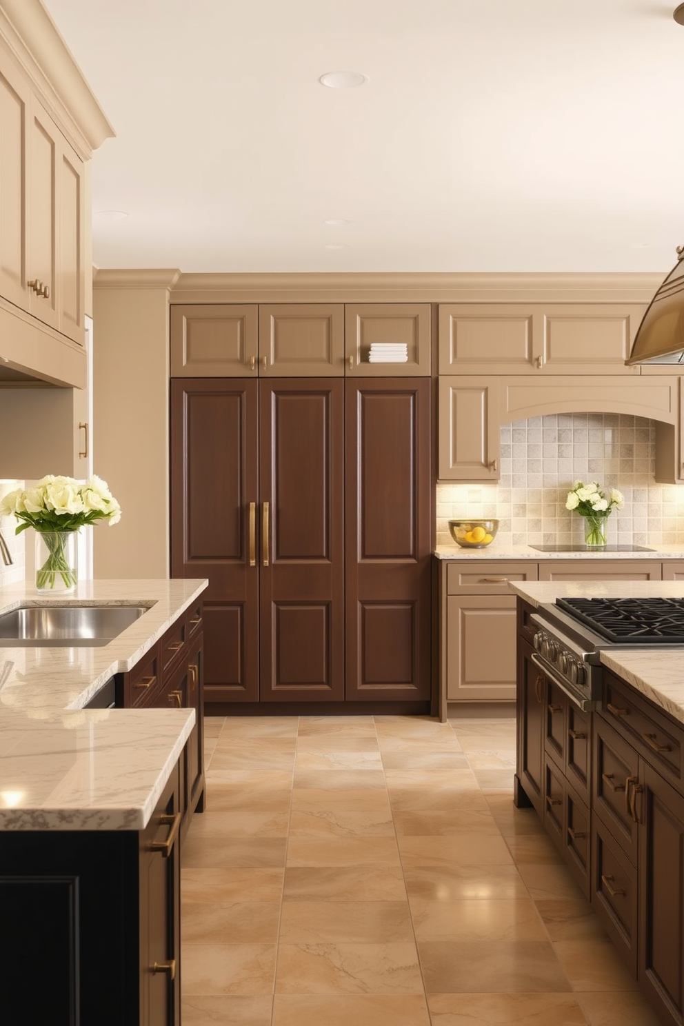 A spacious kitchen featuring herringbone patterned hardwood flooring that adds a touch of elegance. The cabinetry is a soft white with brushed brass hardware, complemented by a large island topped with a stunning quartz countertop. A classic kitchen design showcasing a central island with seating and a farmhouse sink. The backsplash consists of white subway tiles, while the warm wood accents create a cozy yet sophisticated atmosphere.