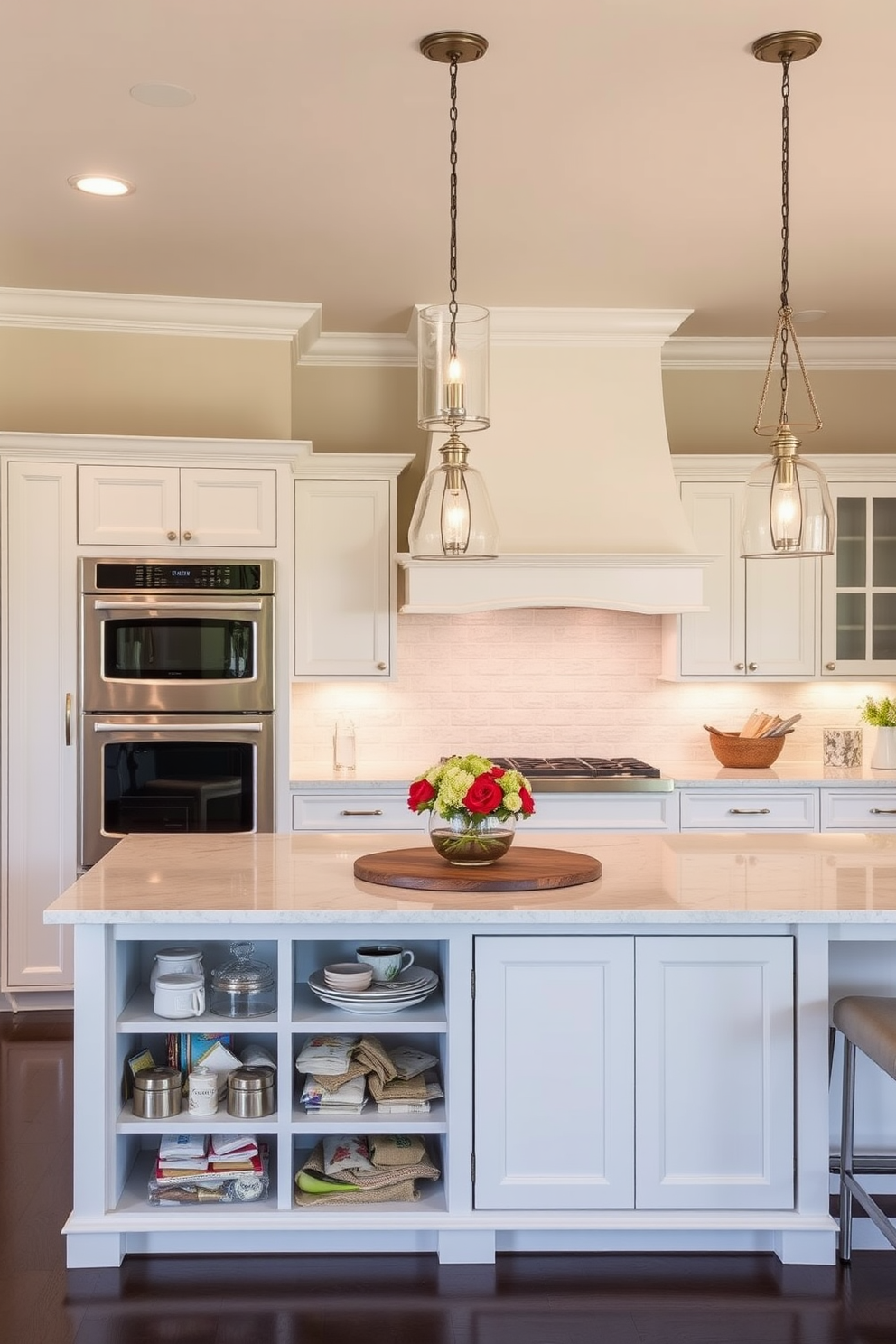 A timeless kitchen design featuring warming drawers seamlessly integrated into the cabinetry for added convenience. The space showcases elegant white cabinetry with brass hardware, a large central island topped with a stunning quartz countertop, and a classic subway tile backsplash.