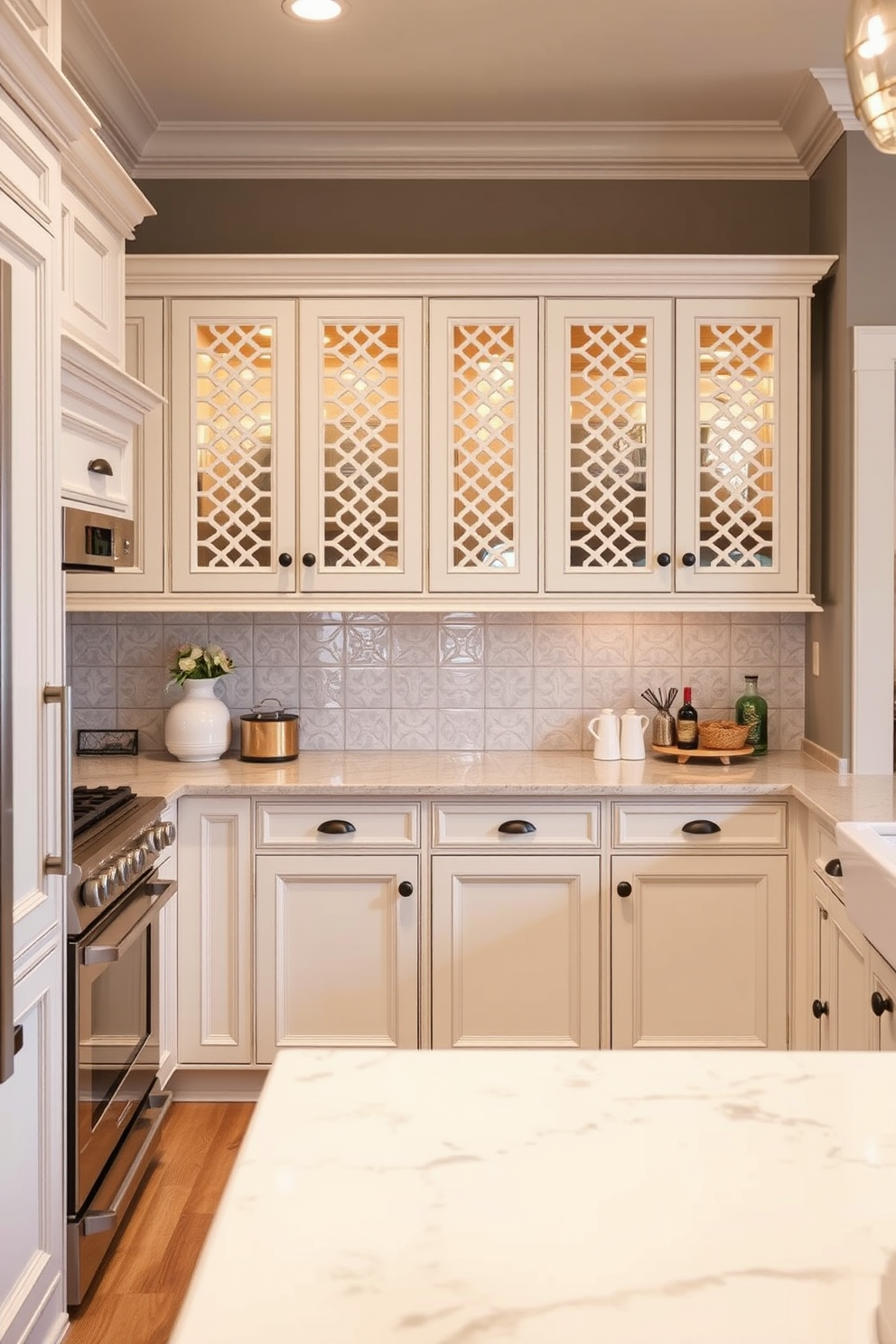 A stylish kitchen featuring a textured backsplash made of natural stone that adds depth and character to the space. The cabinetry is a classic white with brushed nickel hardware, and the countertops are a rich dark granite that complements the backsplash beautifully. The kitchen layout is open and inviting, with a large island at the center topped with a stunning quartz surface. Warm lighting fixtures hang above the island, creating a cozy atmosphere perfect for entertaining.