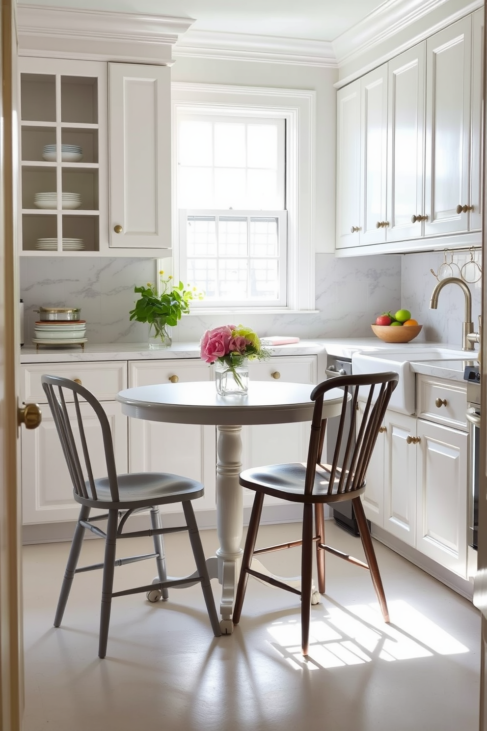 A cozy bistro table sits in the corner of a sunlit kitchen. The table is surrounded by mismatched chairs that add character and warmth to the space. The kitchen features classic white cabinetry with brass hardware and a farmhouse sink. A stylish marble backsplash complements the timeless design, creating an inviting atmosphere for casual dining.