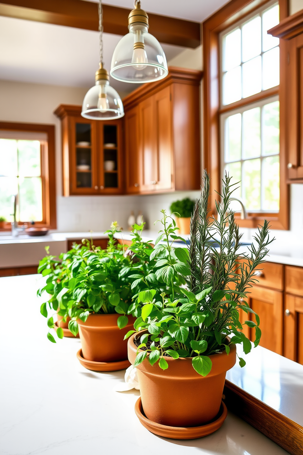 A charming herb garden filled with fresh basil, thyme, and rosemary is nestled in terracotta pots on a sunny kitchen windowsill. The vibrant green leaves contrast beautifully with the warm wooden cabinetry and sleek white countertops. The kitchen features a classic design with shaker-style cabinets and a large farmhouse sink. Soft pendant lights hang above an inviting island, creating a perfect space for cooking and gathering.