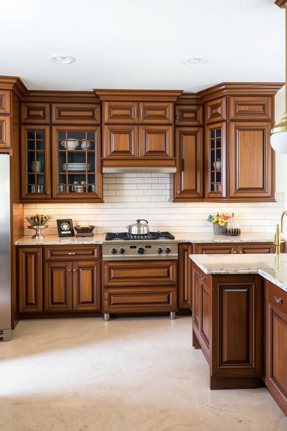 Custom cabinetry for personalized storage. The kitchen features elegant wooden cabinets with intricate detailing, providing ample space for organization and display. Timeless kitchen design ideas. The layout includes a spacious island with a polished granite countertop, complemented by classic subway tile backsplash and vintage-inspired fixtures.