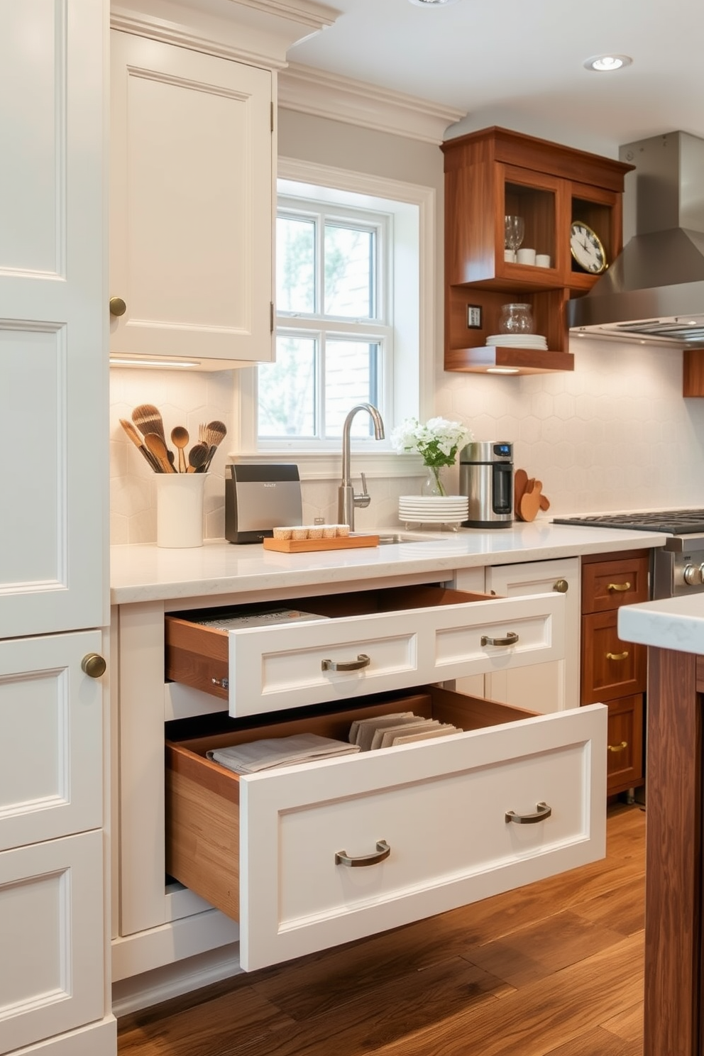 A timeless kitchen design featuring soft-close drawers that enhance modern functionality. The cabinetry is a blend of classic white and rich wood tones, creating an inviting and elegant atmosphere.