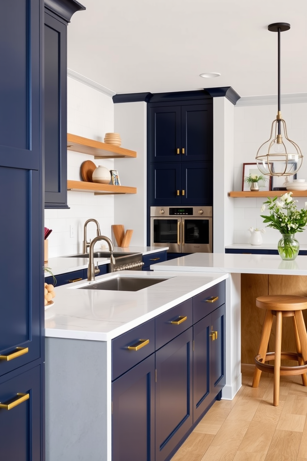 A timeless kitchen design featuring a harmonious blend of mixed materials. The cabinetry is a rich navy blue complemented by brass hardware, while the island showcases a stunning white quartz countertop with subtle gray veining. The backsplash consists of elongated subway tiles in a soft cream color, creating a classic yet modern look. Accents of natural wood in open shelving and bar stools add warmth and texture to the overall aesthetic.