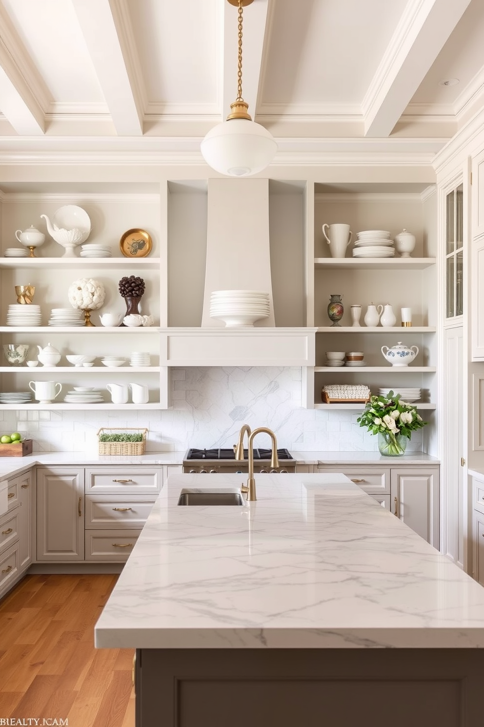 A modern kitchen features stainless steel appliances that enhance functionality and efficiency. The sleek design includes a built-in refrigerator, an oven, and a dishwasher seamlessly integrated into the cabinetry. The countertops are made of quartz with a subtle veining pattern, providing an elegant touch. Open shelving displays stylish dishware, while pendant lights hang above the island, creating a warm and inviting atmosphere.