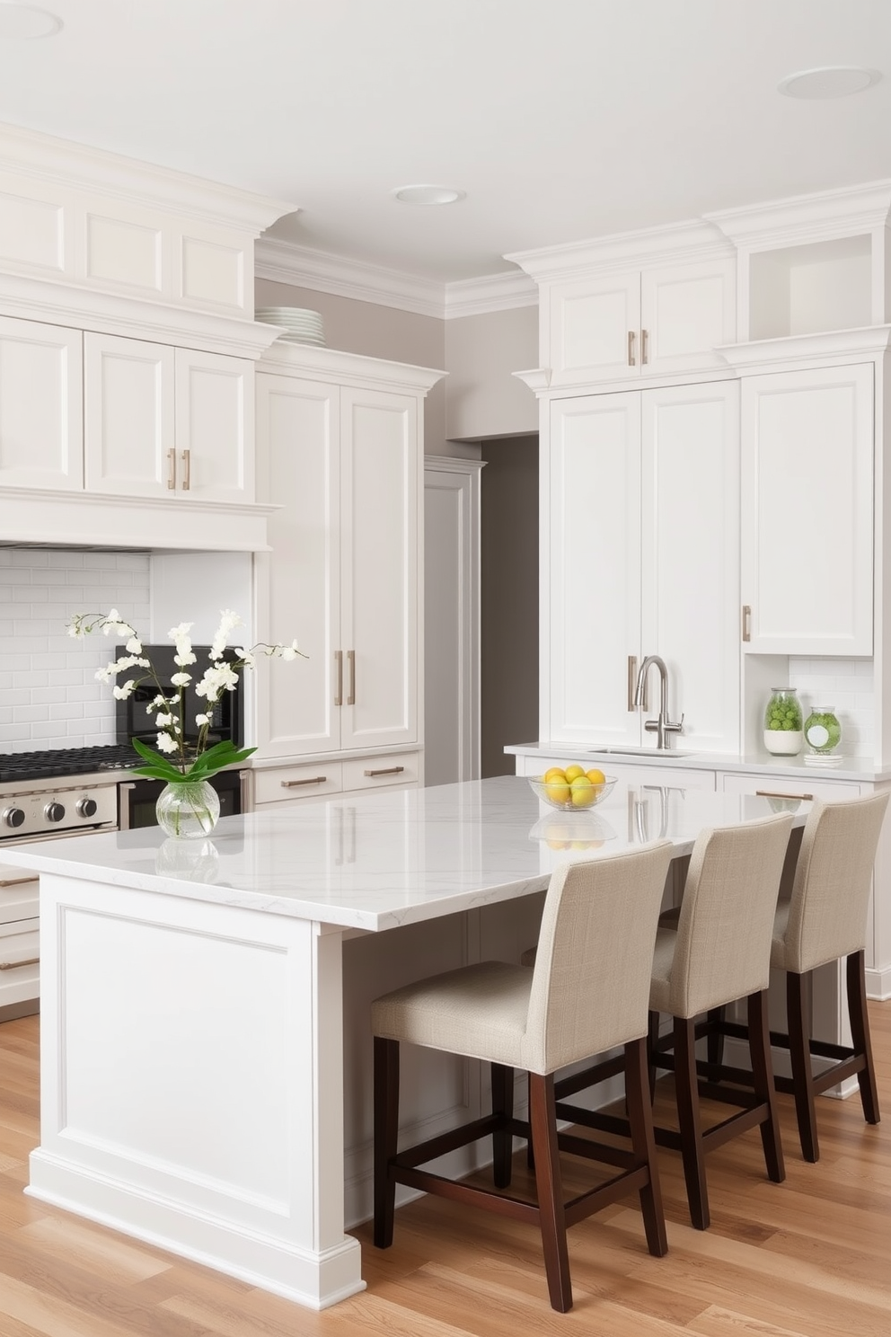 A timeless kitchen design featuring a neutral color palette that blends soft whites and warm grays. The cabinetry is sleek and minimalist, with brushed nickel hardware complementing the overall aesthetic. A spacious island takes center stage, topped with a polished quartz surface that adds elegance. Surrounding the island are high-backed stools upholstered in a light fabric, inviting casual dining and conversation.