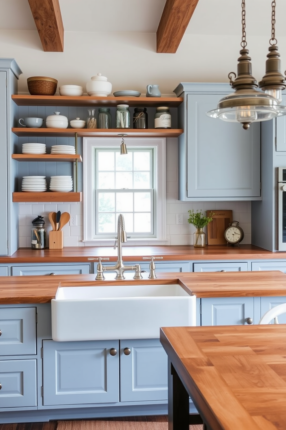 A farmhouse sink is the centerpiece of this rustic kitchen, crafted from white porcelain and complemented by a wooden countertop. Above the sink, open shelves display vintage dishware and mason jars, enhancing the charming farmhouse aesthetic. The kitchen features a classic layout with shaker-style cabinets painted in soft blue, providing a timeless appeal. A large island with bar stools invites gatherings, while pendant lights add warmth and character to the space.