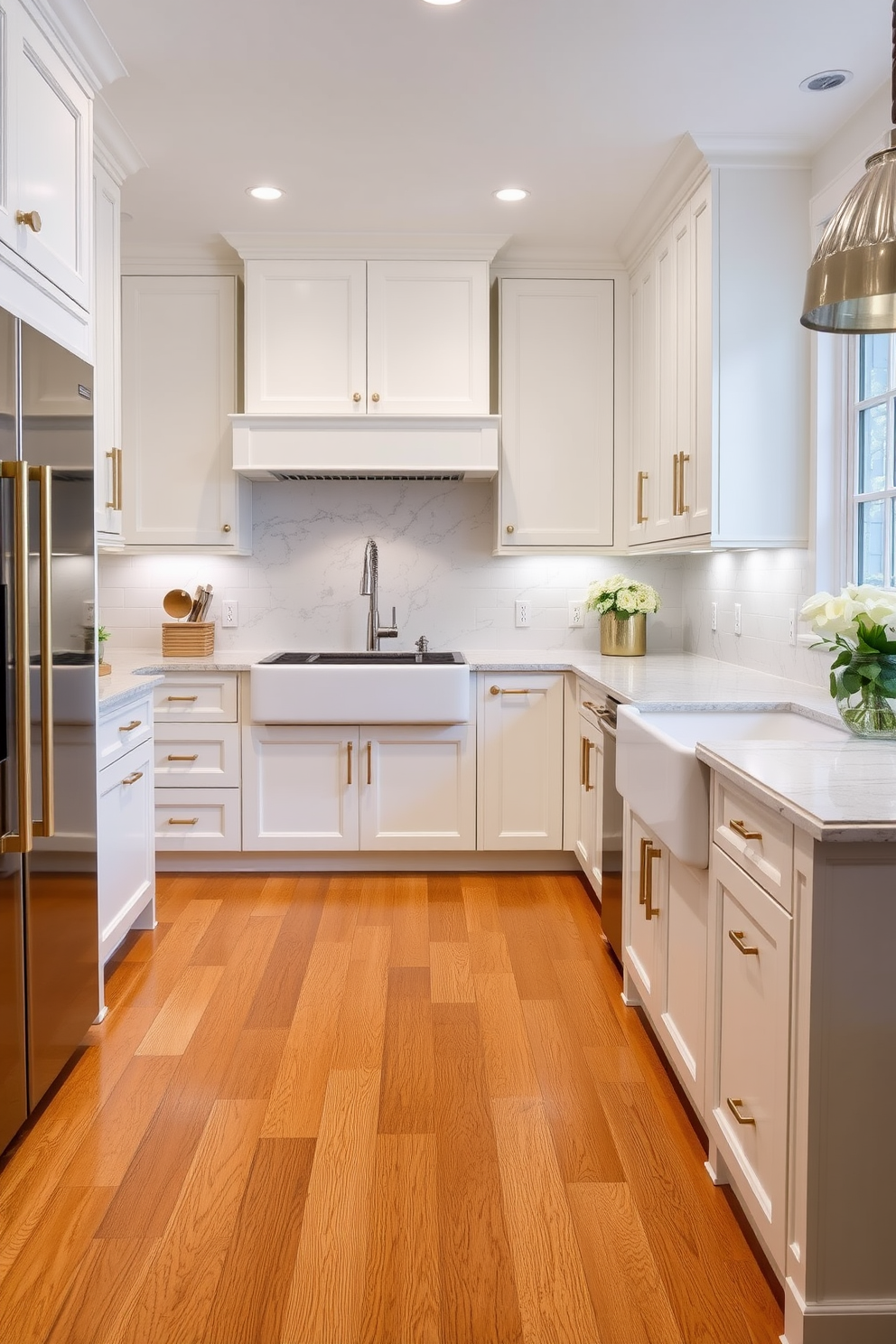 A timeless kitchen design featuring wooden beams that add warmth and texture to the space. The kitchen showcases an inviting layout with a large island topped with a polished stone surface, complemented by sleek cabinetry in a soft white finish.