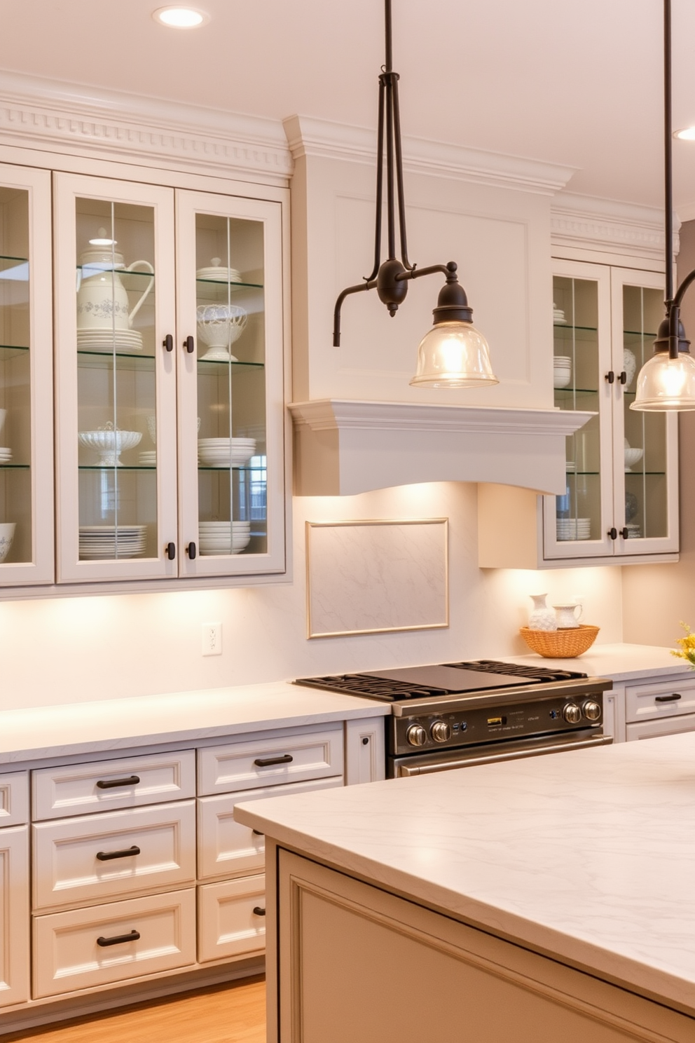 A timeless kitchen design features glass-front cabinets that showcase elegant dishware and accessories. The cabinetry is complemented by a classic marble backsplash and a large central island with bar seating for casual dining.