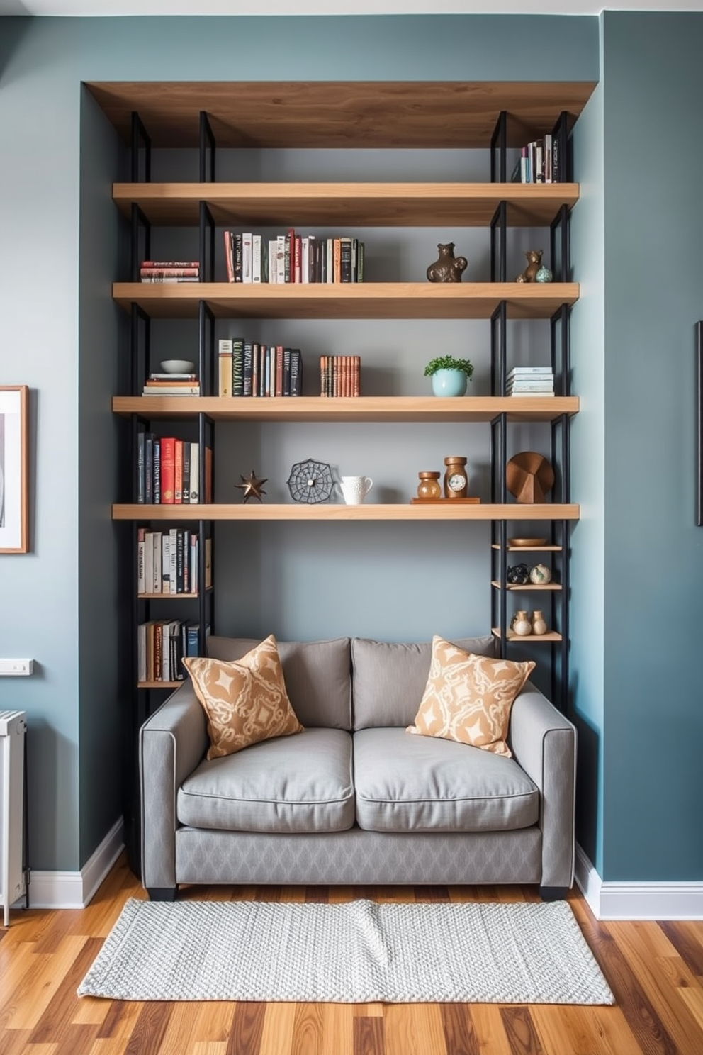 Maximize vertical storage solutions in a tiny apartment. Utilize wall-mounted shelves and cabinets to create space for books and decor without occupying floor area. Incorporate multi-functional furniture such as a fold-down desk or a bed with built-in drawers. Choose light colors and mirrors to enhance the feeling of openness and airiness in the compact space.