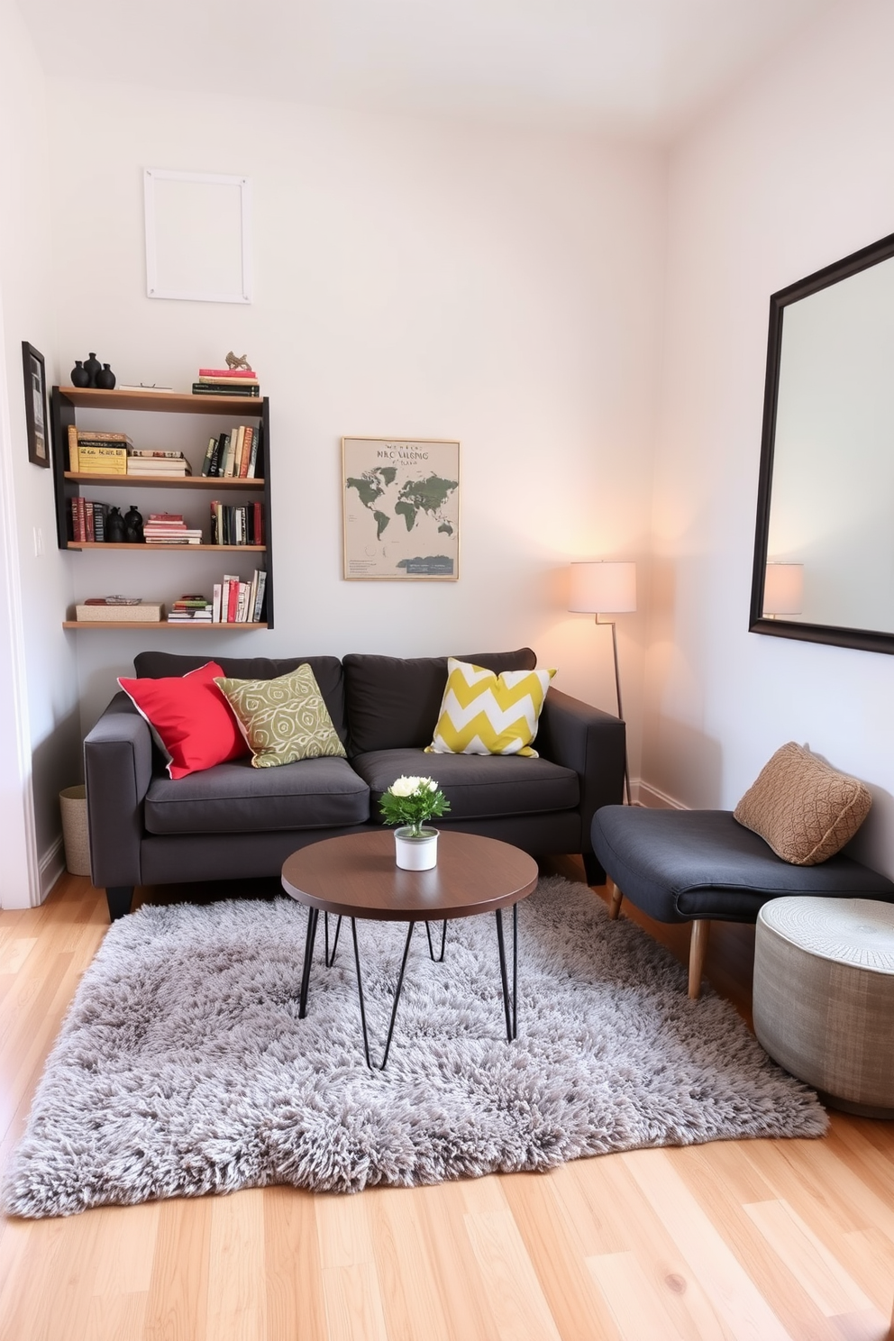 A cozy living area in a tiny apartment featuring a compact sofa adorned with colorful throw pillows. A small round coffee table sits in front of the sofa, surrounded by a plush area rug that adds warmth to the space. The walls are painted in a light, airy color to enhance the sense of openness. A wall-mounted shelf displays books and decorative items, while a large mirror reflects natural light from a nearby window.