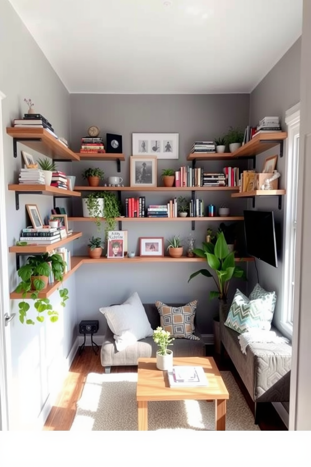 A cozy living space in a tiny apartment featuring floating shelves adorned with various decorative items. The walls are painted in a soft gray, creating a serene atmosphere while maximizing vertical space for books and plants. In the corner, a compact sofa with colorful cushions complements a small coffee table. Natural light streams in through a window, enhancing the inviting ambiance of the room.