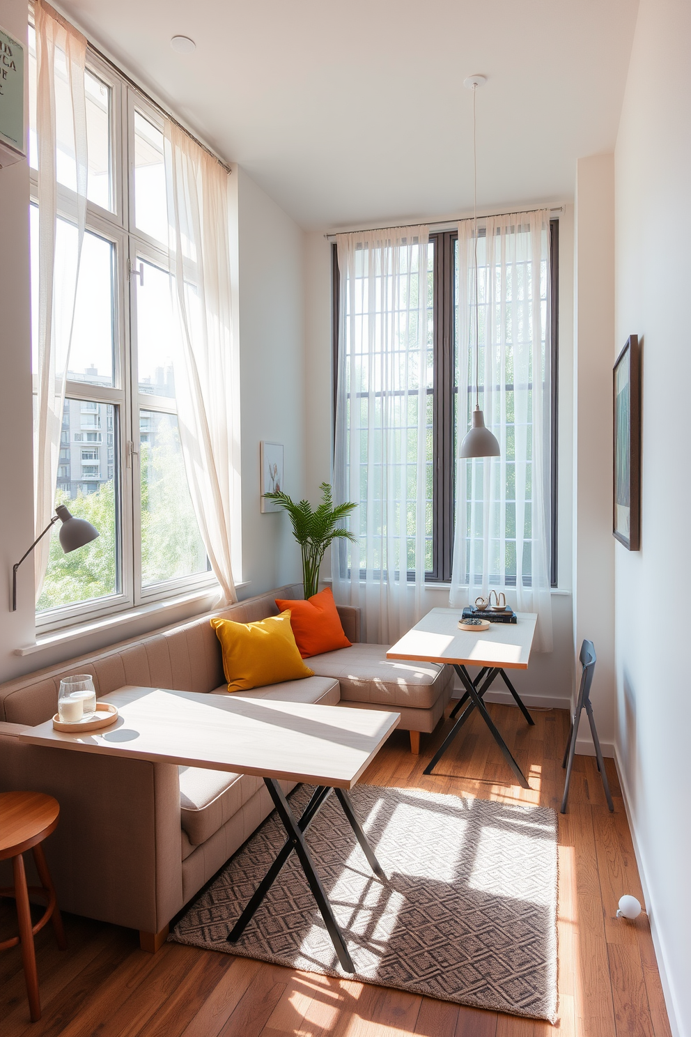 A cozy yet modern tiny apartment featuring an open floor plan with a multifunctional living area. The space includes a sleek sofa that doubles as a bed and a compact dining table that folds away when not in use. Natural light floods the room through large windows adorned with light, airy curtains. The walls are painted in soft, neutral tones, creating an illusion of more space while accent pieces in vibrant colors add personality.