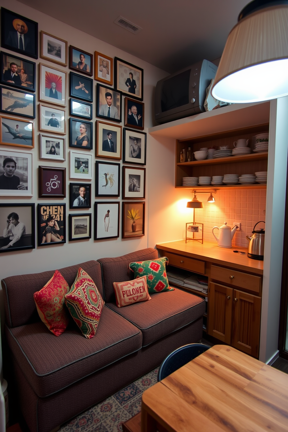 A cozy tiny apartment featuring a gallery wall filled with eclectic art pieces and framed photographs in various sizes. The living area includes a compact sofa with colorful throw pillows and a small coffee table, creating an inviting atmosphere. The kitchen is efficiently designed with open shelving displaying stylish dishware and a small dining table that maximizes space. Soft ambient lighting enhances the warmth of the wooden accents throughout the apartment.