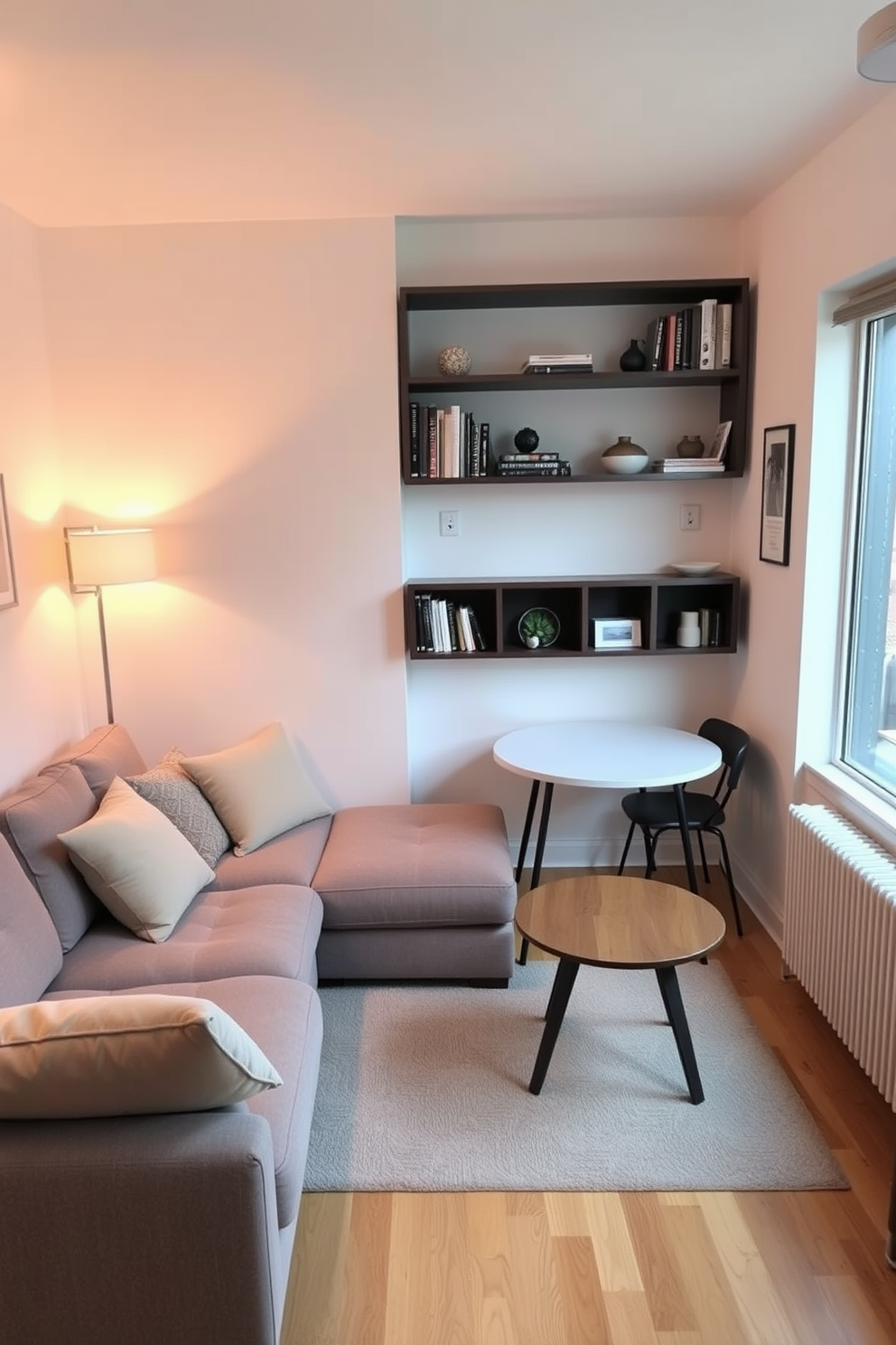 A cozy living area in a tiny apartment featuring a corner sofa that maximizes seating while maintaining open space. A round coffee table sits in front of the sofa, complemented by a wall-mounted bookshelf filled with books and decorative items. In the adjacent corner, a compact dining table with two chairs creates a functional eating space without overwhelming the room. Soft lighting from a floor lamp enhances the ambiance, making the area feel inviting and spacious.