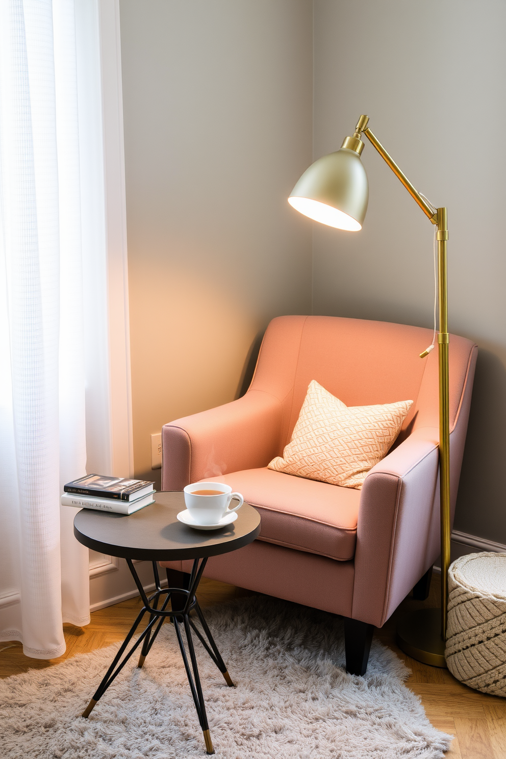 Create a cozy reading corner with a plush armchair upholstered in soft fabric. A small round side table holds a steaming cup of tea and a stack of favorite books, while a warm floor lamp casts a gentle glow over the space.