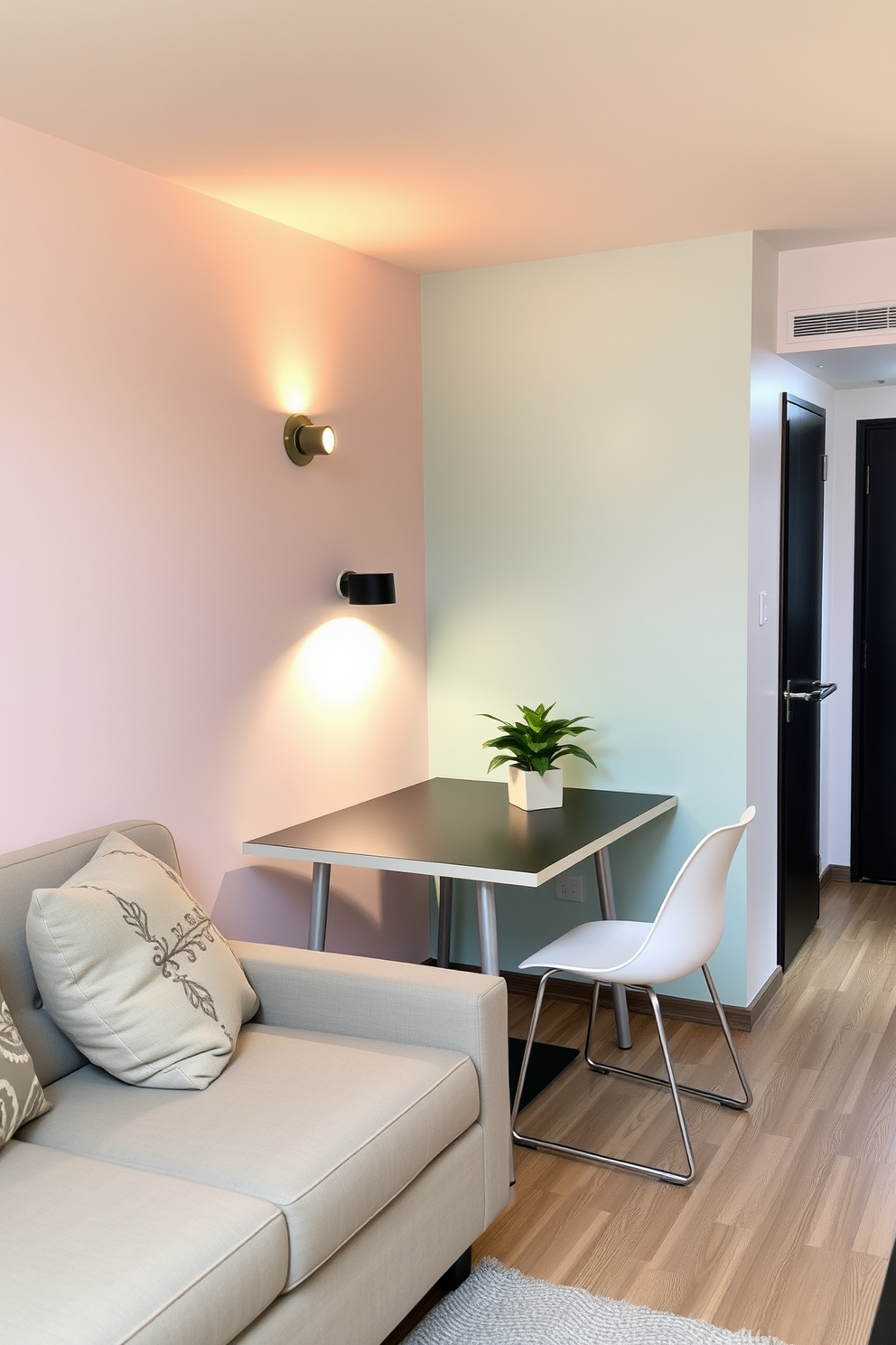 A cozy tiny apartment featuring a multifunctional living space. The walls are painted in soft pastel colors, and a compact sofa is placed against the wall with decorative cushions. A wall-mounted lighting fixture illuminates the area above a small dining table that doubles as a workspace. The table is surrounded by sleek, modern chairs, and a potted plant adds a touch of greenery to the corner.