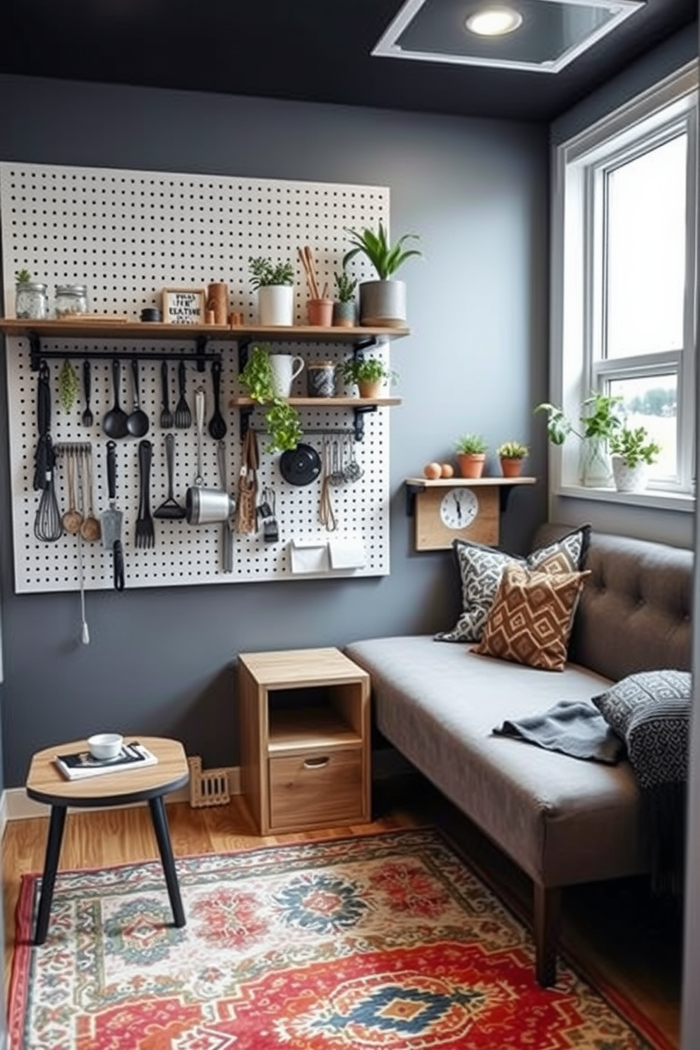 A stylish tiny apartment design featuring a pegboard mounted on the wall for organized storage. The pegboard is adorned with various hooks and shelves displaying kitchen utensils, plants, and decorative items, creating a functional and aesthetic focal point. The living area includes a compact sofa bed that doubles as a seating area and sleeping space. A small coffee table with storage underneath complements the space, while a vibrant rug adds warmth and character to the room.