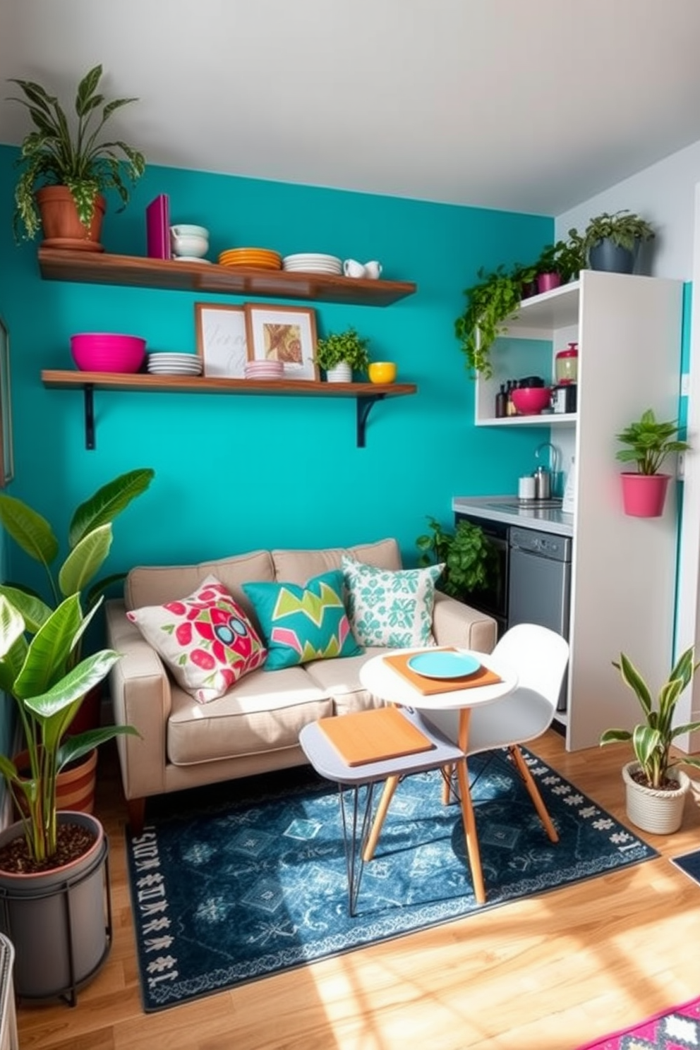 A cozy tiny apartment with a bright accent wall painted in a vibrant teal. The living area features a compact sofa adorned with colorful throw pillows and a stylish area rug that adds warmth to the space. The kitchen area is designed with open shelving showcasing vivid dishware and a small dining table set with cheerful placemats. Potted plants in various sizes bring life to the corners, enhancing the overall aesthetic with a touch of greenery.