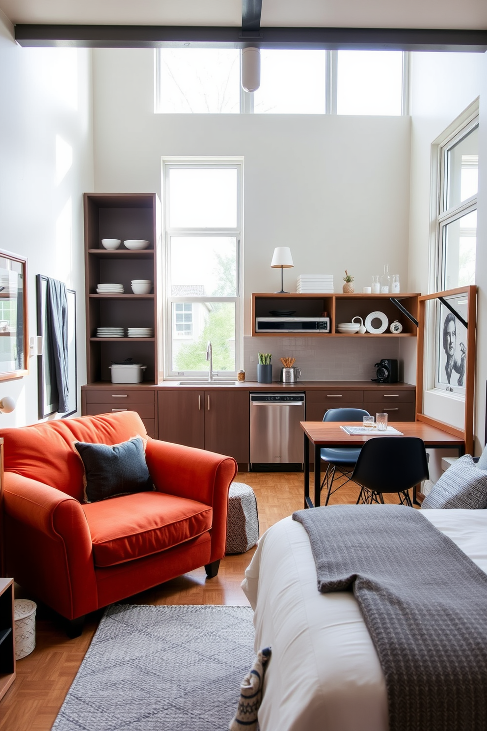 A cozy and stylish tiny apartment featuring a statement piece of furniture that draws the eye. The living area includes a vibrant, oversized armchair in a bold color, surrounded by minimalist decor that maximizes space. The kitchen is designed with sleek, space-saving appliances and open shelving that showcases decorative dishware. A small dining table with modern chairs sits adjacent, creating a functional yet inviting dining nook. The bedroom incorporates a unique bed frame that serves as the focal point, complemented by soft bedding and layered textures. Natural light streams in through large windows, enhancing the warm atmosphere of the space.