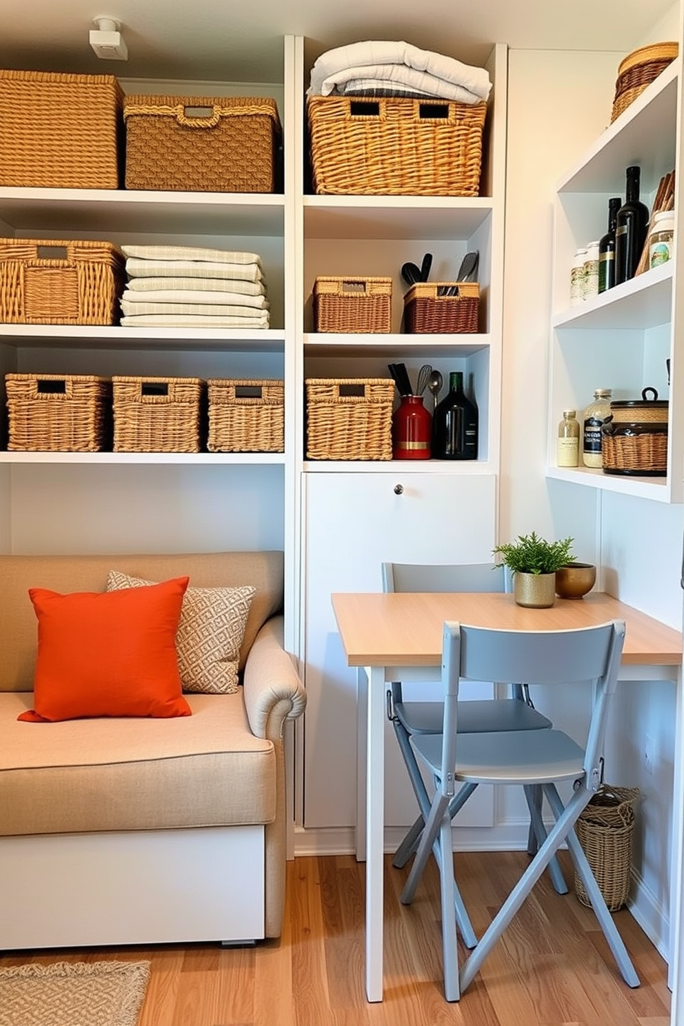 Cozy tiny apartment featuring smart storage solutions. The living space includes stylish woven baskets placed on shelves for organized storage, complemented by a compact sofa and a small coffee table. The kitchen area showcases open shelving with decorative baskets holding utensils and pantry items. A foldable dining table with two chairs maximizes space while maintaining a chic aesthetic.