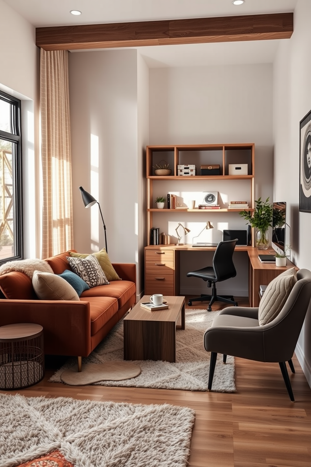 A cozy living space in a tiny apartment featuring a multifunctional bench that serves as both seating and storage. The walls are painted in light gray, and natural light floods the room through large windows adorned with sheer curtains. The bench is upholstered in a soft fabric and positioned against a wall, complemented by a small round coffee table in front. Decorative cushions add a pop of color, while a few potted plants bring life to the space.