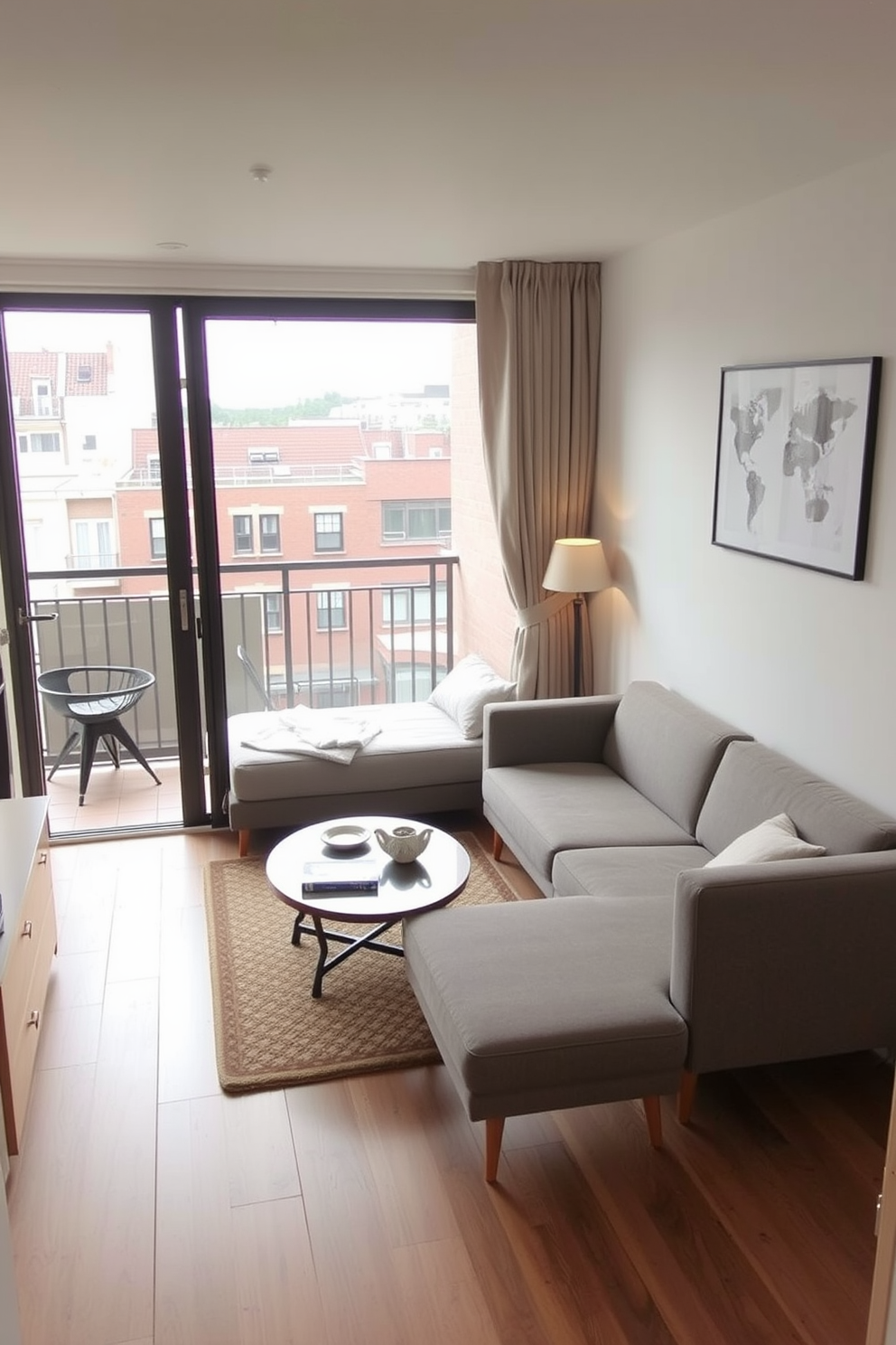 A cozy living area that maximizes space with clever furniture arrangements. The room features a compact sofa that doubles as a bed and a stylish coffee table that can be lifted for dining. Incorporate sliding doors to create a seamless flow between the living area and the small balcony. The walls are painted in light neutral tones to enhance the sense of openness and light.