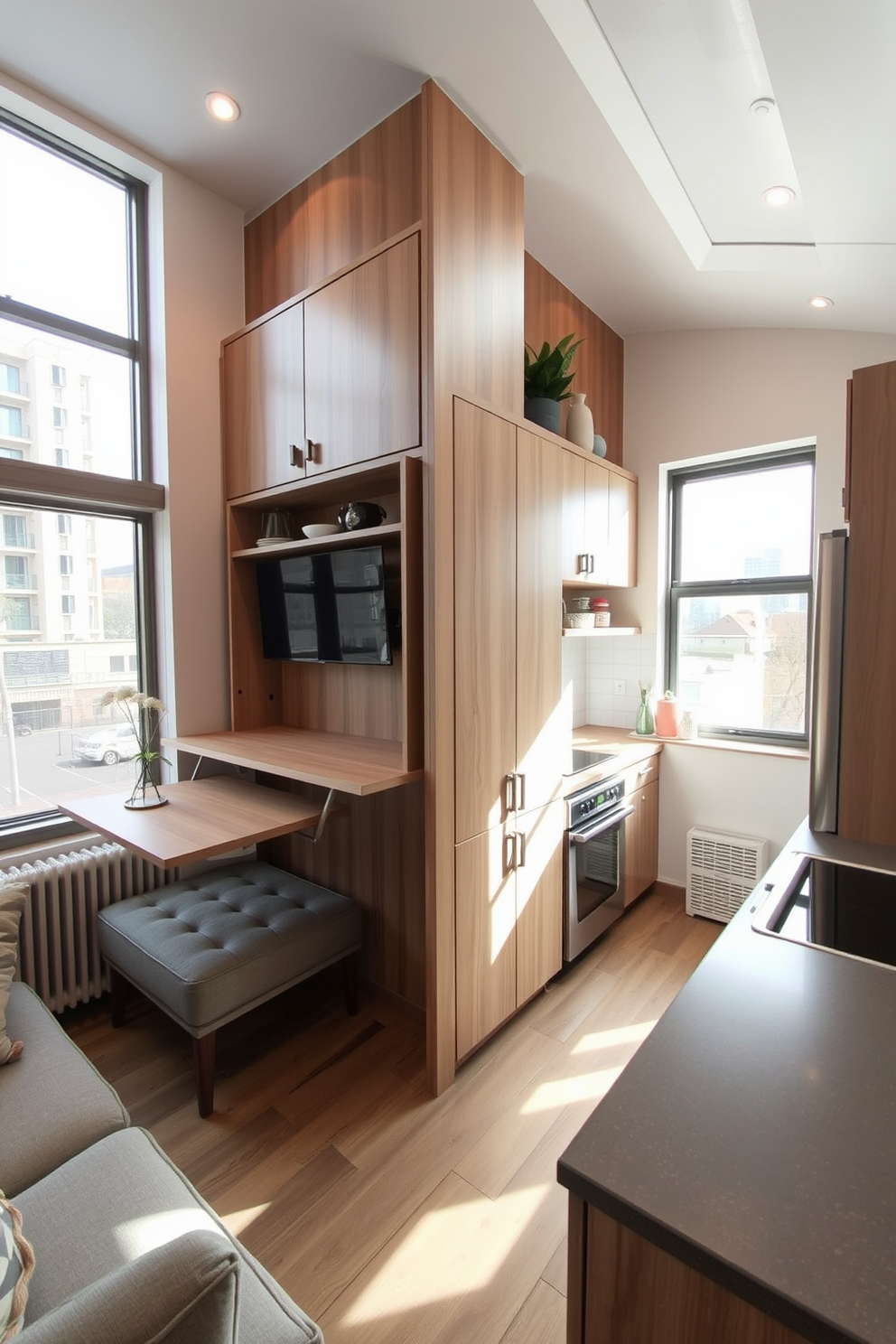 A compact kitchenette designed for a tiny apartment features sleek cabinetry in a soft white finish. The countertops are made of durable quartz, with a small induction cooktop and a compact sink seamlessly integrated into the design. Above the counter, open shelving displays stylish dishware and cooking essentials, adding both function and charm. A small, round dining table with two stools maximizes space while providing a cozy dining area.