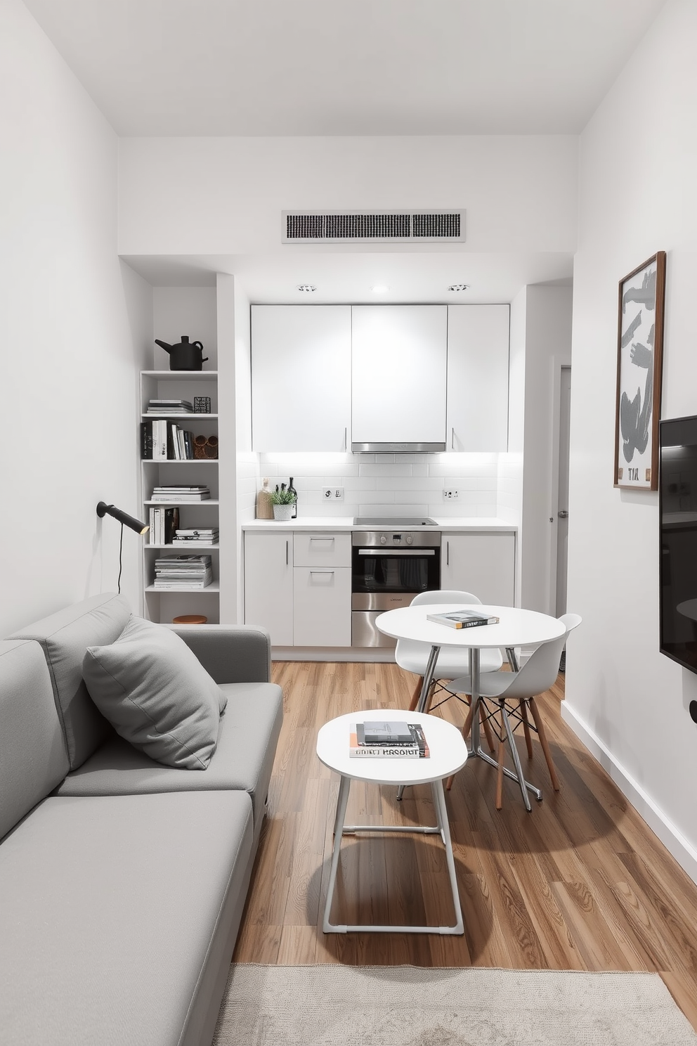 A cozy and efficient tiny apartment design featuring a multifunctional space. The living area includes a wall-mounted desk with a sleek design, perfect for a workspace without taking up floor space. The kitchen area is compact yet stylish, with open shelving and modern appliances. A small dining table with two chairs is positioned near a window, allowing natural light to brighten the space.