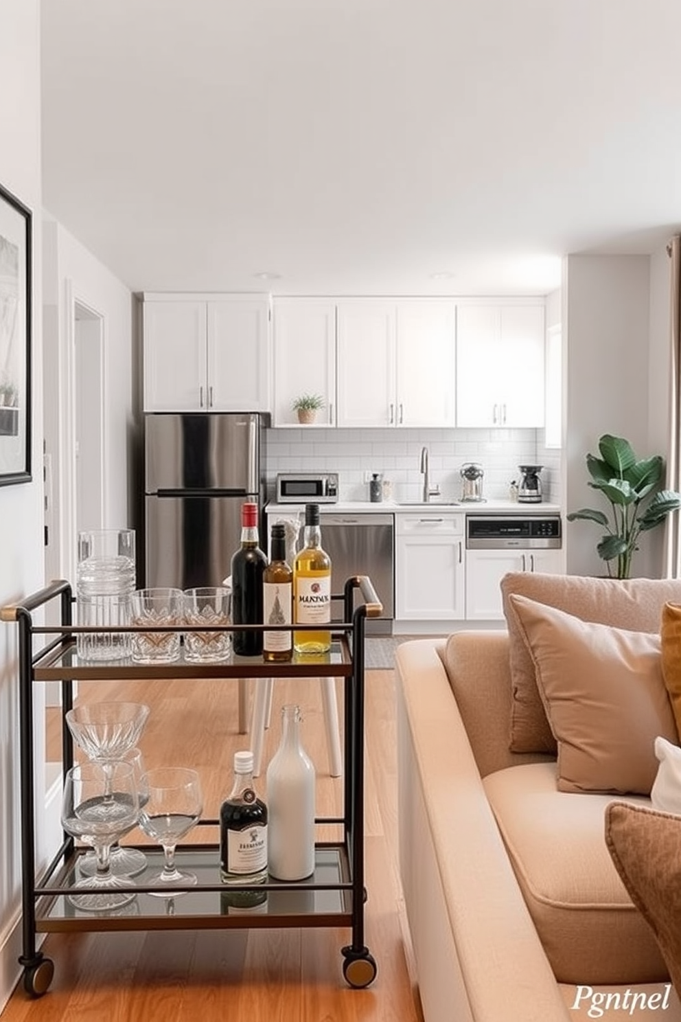 A modern kitchen featuring a pegboard wall for organization. The pegboard is adorned with hanging pots, utensils, and spices, creating a functional and stylish display. In a tiny apartment, the kitchen utilizes compact appliances and open shelving. The color scheme is bright and airy, maximizing the sense of space while maintaining a cozy atmosphere.