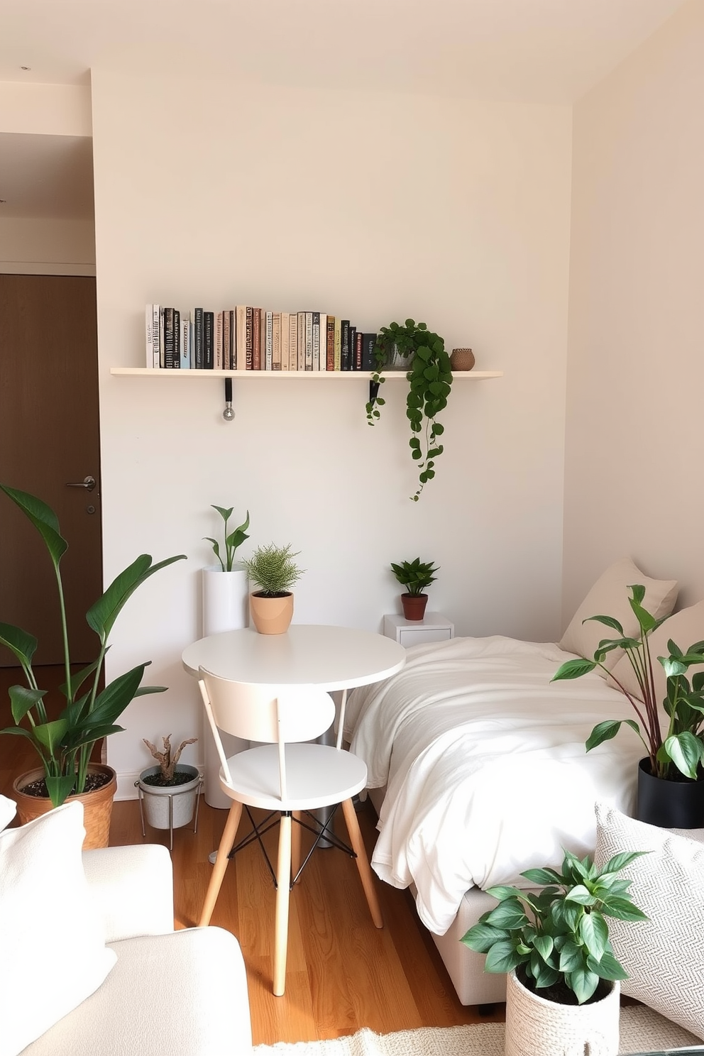 A cozy tiny apartment with a light color palette for the walls. The living area features a compact sofa in soft beige and a small wooden coffee table surrounded by potted plants. The kitchen is designed with white cabinetry and a marble backsplash, maximizing space with open shelving. A round dining table with two chairs sits in the corner, adorned with a fresh fruit bowl for a pop of color. The bedroom includes a queen-sized bed with a light gray duvet and a minimalist nightstand. Large windows allow natural light to flood the room, enhancing the airy atmosphere. The bathroom showcases a sleek design with a floating vanity and a glass shower enclosure. Soft lighting fixtures add warmth, creating a serene retreat within the tiny space.