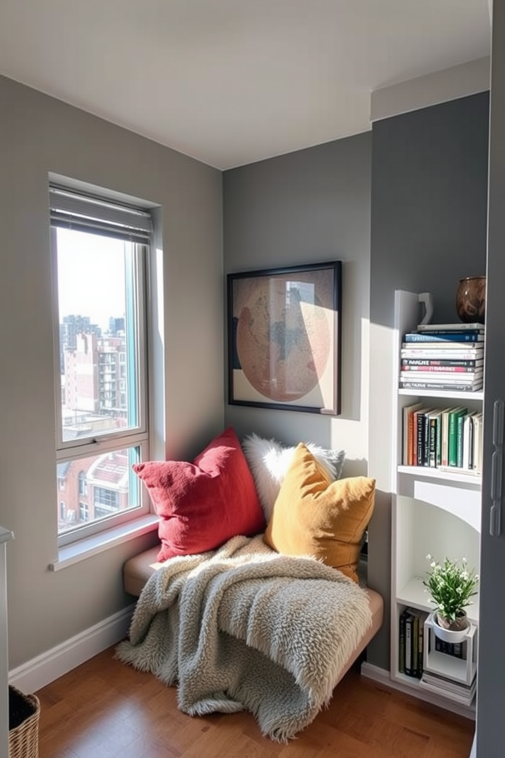 A cozy tiny apartment with an open layout that maximizes space. The living area features a compact sofa in a neutral tone, complemented by a small coffee table and a vibrant area rug. In one corner, a small dining table with two chairs creates a functional eating space. Floating shelves are mounted on the walls, displaying books and decorative items, adding personality to the room. The kitchen area is designed with sleek cabinetry and a compact breakfast bar. Natural light pours in through large windows, enhancing the inviting atmosphere of the apartment.