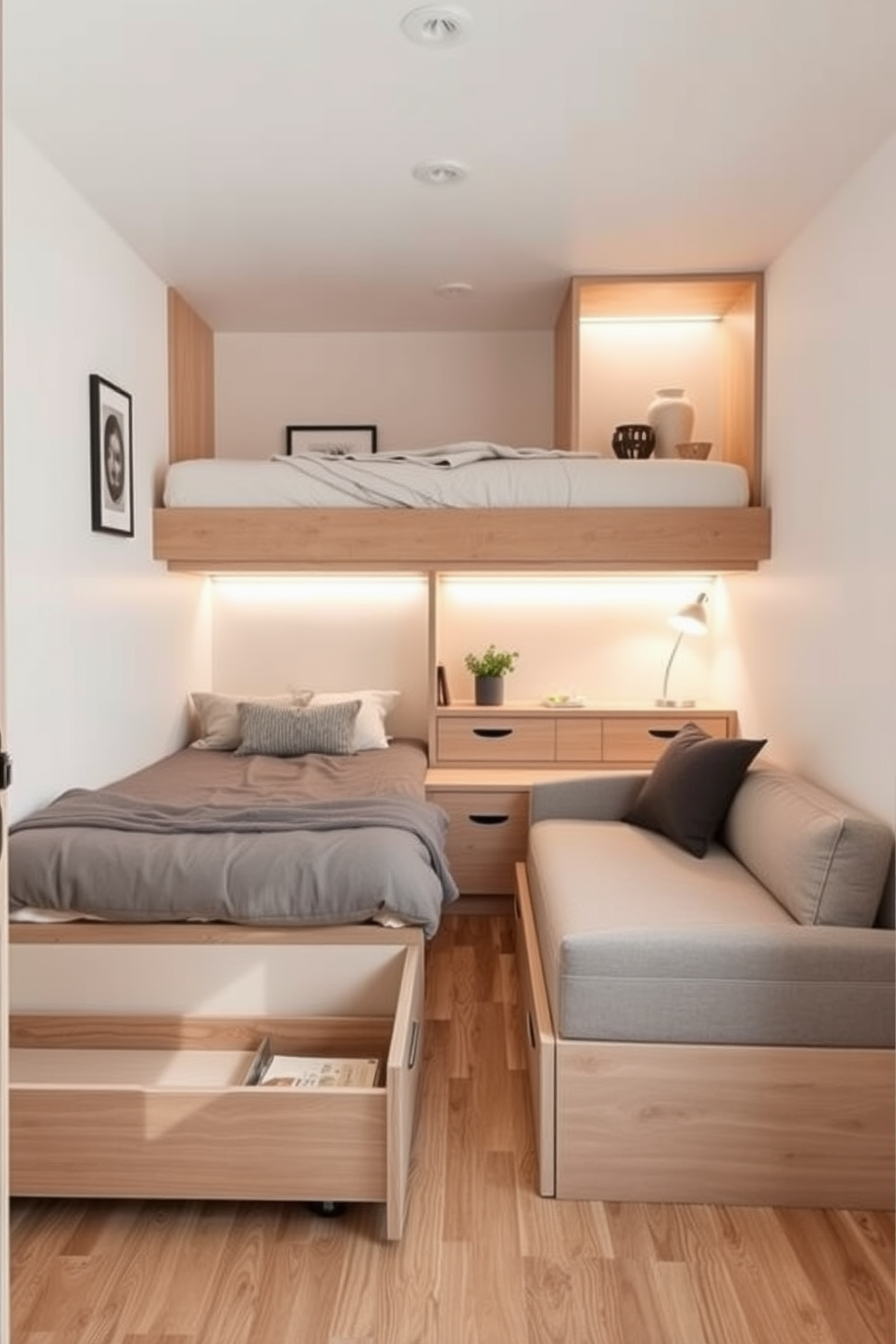 A cozy tiny apartment featuring a multifunctional bed with built-in under-bed storage drawers. The space is designed with a minimalist aesthetic, incorporating light colors and smart furniture choices to maximize functionality. The living area blends seamlessly with the bedroom, showcasing a compact sofa that doubles as a guest bed. Shelving units are strategically placed to display decor while providing additional storage without overwhelming the space.