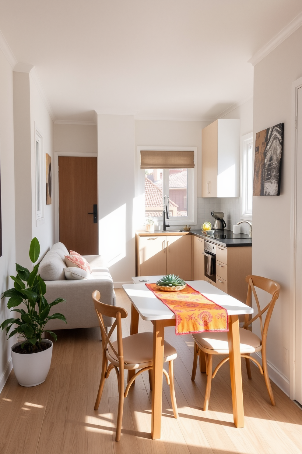 A cozy tiny apartment filled with natural light. The living area features a compact sofa in a light fabric, paired with a small coffee table and a lush potted plant in the corner. The kitchen area is designed with open shelving and minimalist cabinetry. A small dining table with two chairs is set against the wall, adorned with a vibrant table runner and a small succulent centerpiece.