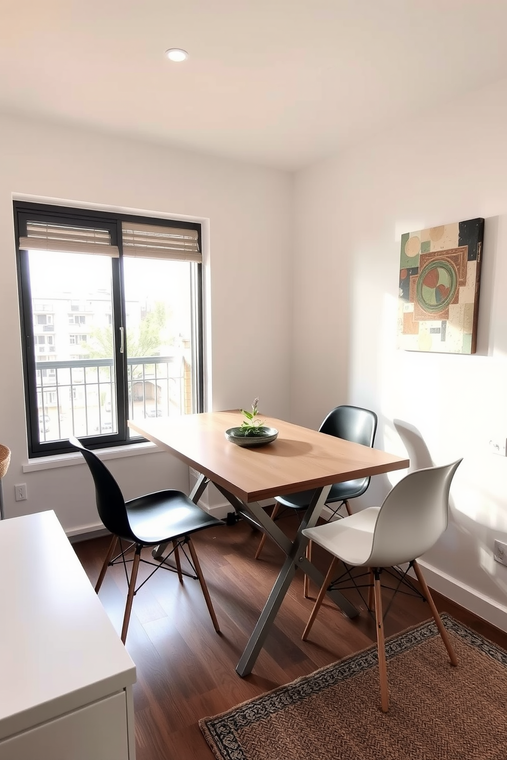 A cozy dining area featuring a foldable dining table that can be easily expanded for guests. Surrounding the table are stylish, space-saving chairs that can be tucked away when not in use. The walls are adorned with light, neutral colors to create an airy feel. Natural light streams in through a large window, illuminating the space and enhancing the minimalist decor.