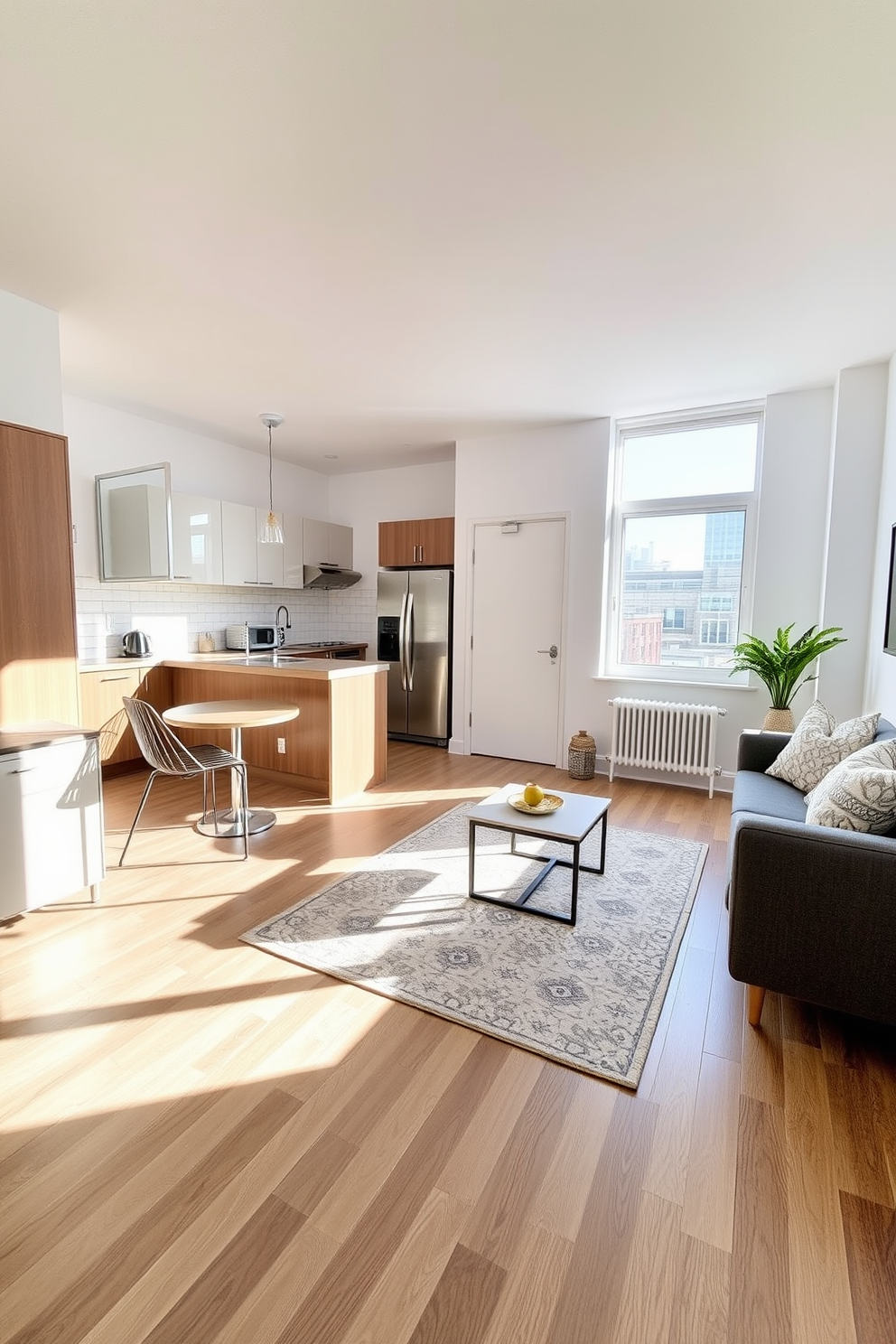 A cozy open floor plan layout for a tiny apartment. The living area seamlessly connects to a compact kitchen featuring sleek cabinetry and a small dining table with two chairs. Natural light floods the space through large windows, enhancing the bright and airy atmosphere. A stylish rug defines the living area, which includes a comfortable sofa and a wall-mounted entertainment unit.